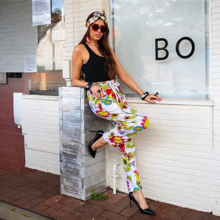 Long Linen Pants in Tweedle Dee on White