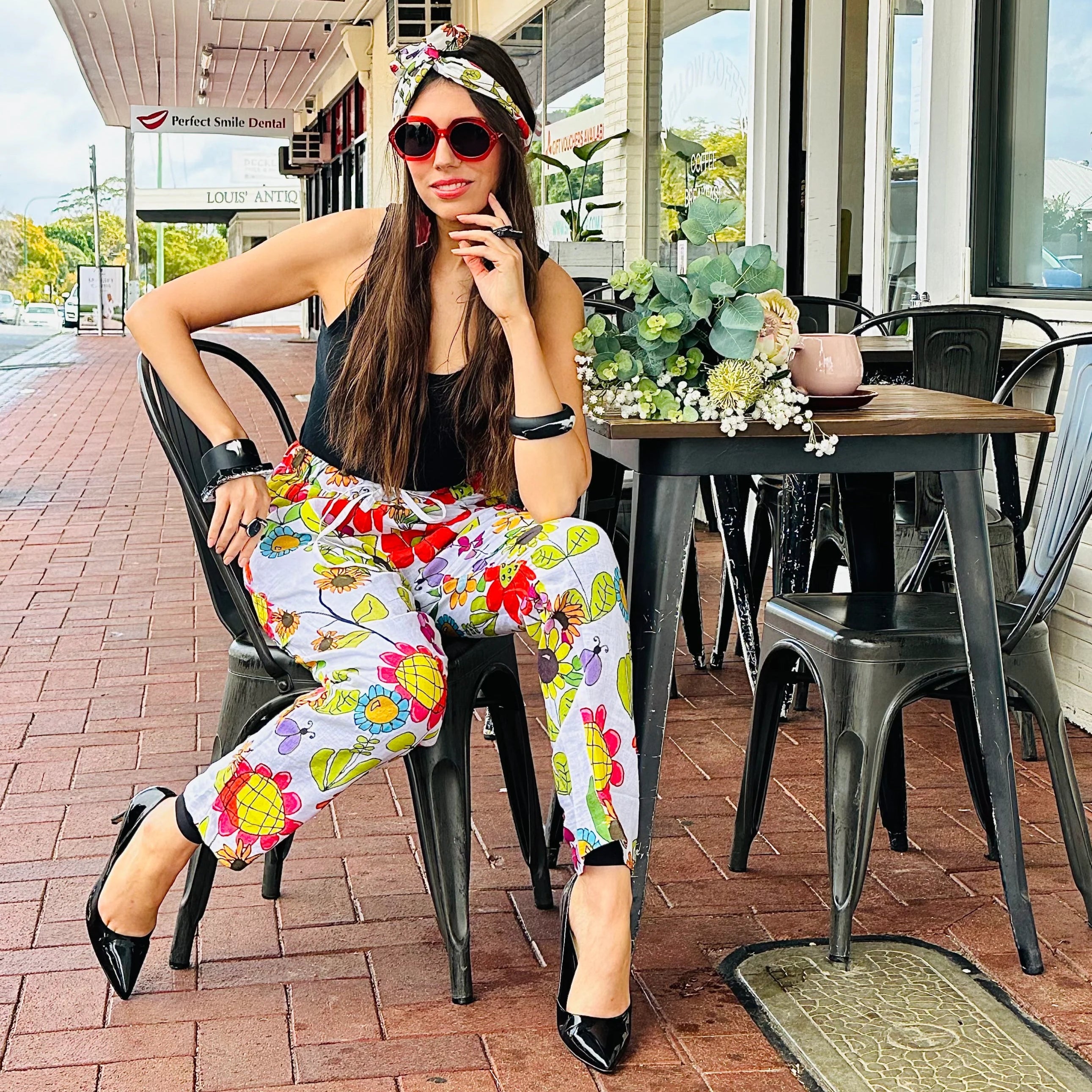 Long Linen Pants in Tweedle Dee on White