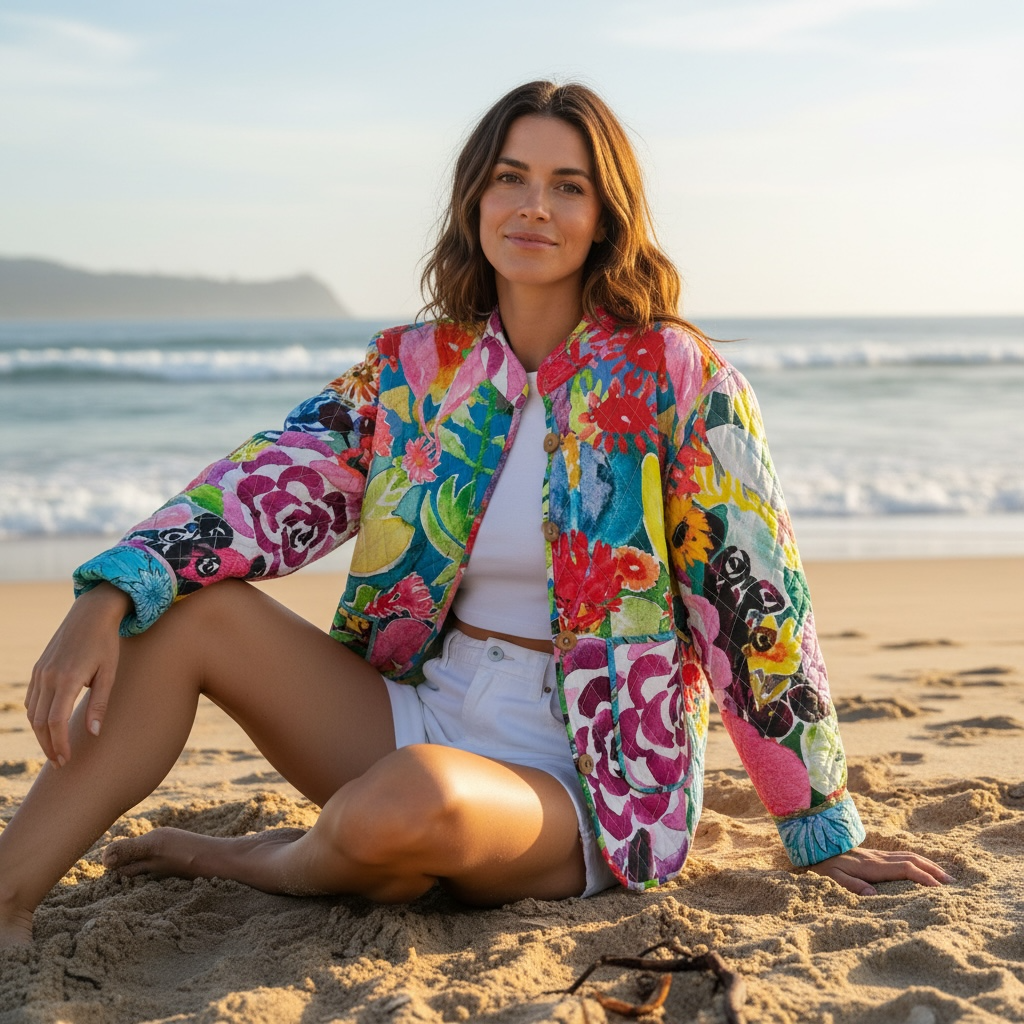 Reversible Quilted Jacket in Floral Coral & Turquoise