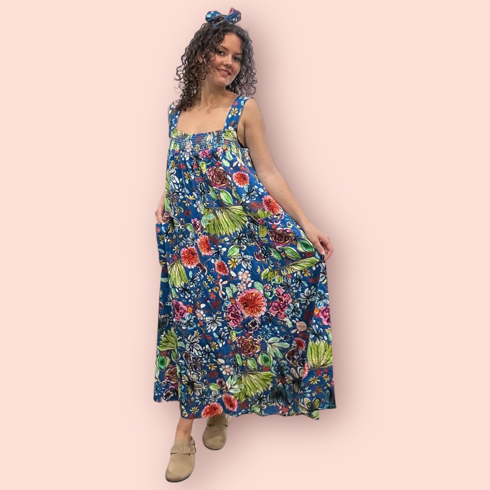 Blue Earth-toned curvy linen shift dress with intuitive art print by Kerry Munns.