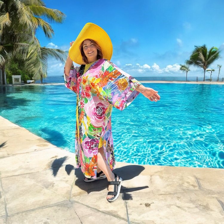 Long Kimono in Floral Coral