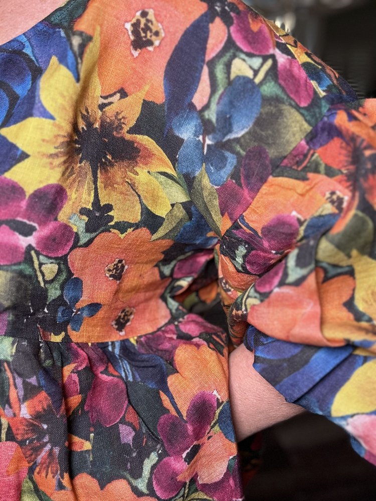 Floral dress - wearable art Athena Linen - True Blue