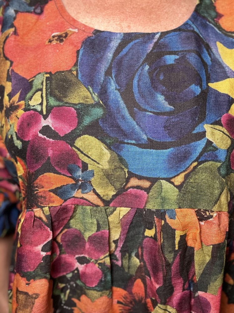 Floral dress - wearable art Athena Linen - True Blue