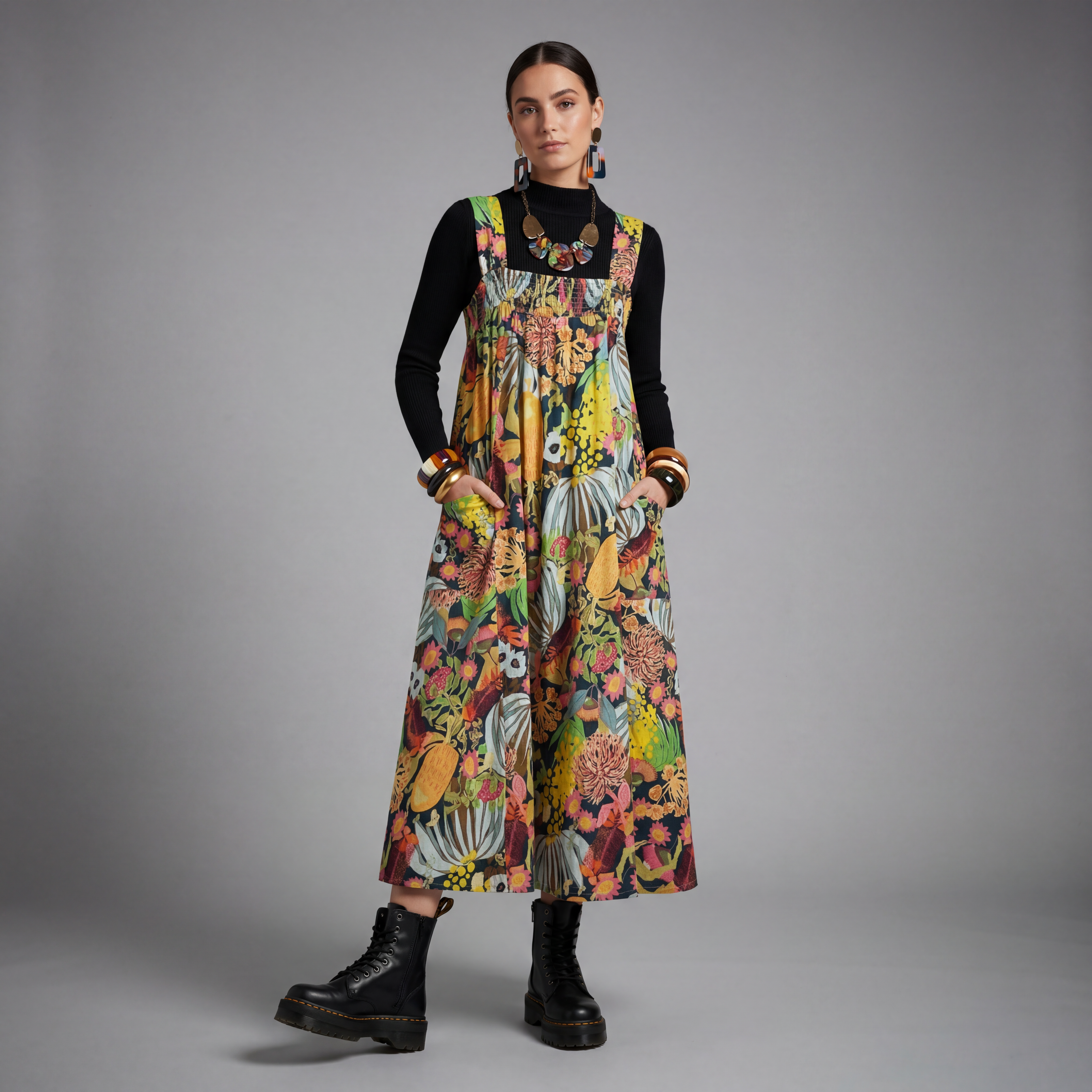 Matilda Pinafore Dress in Wildflower Navy