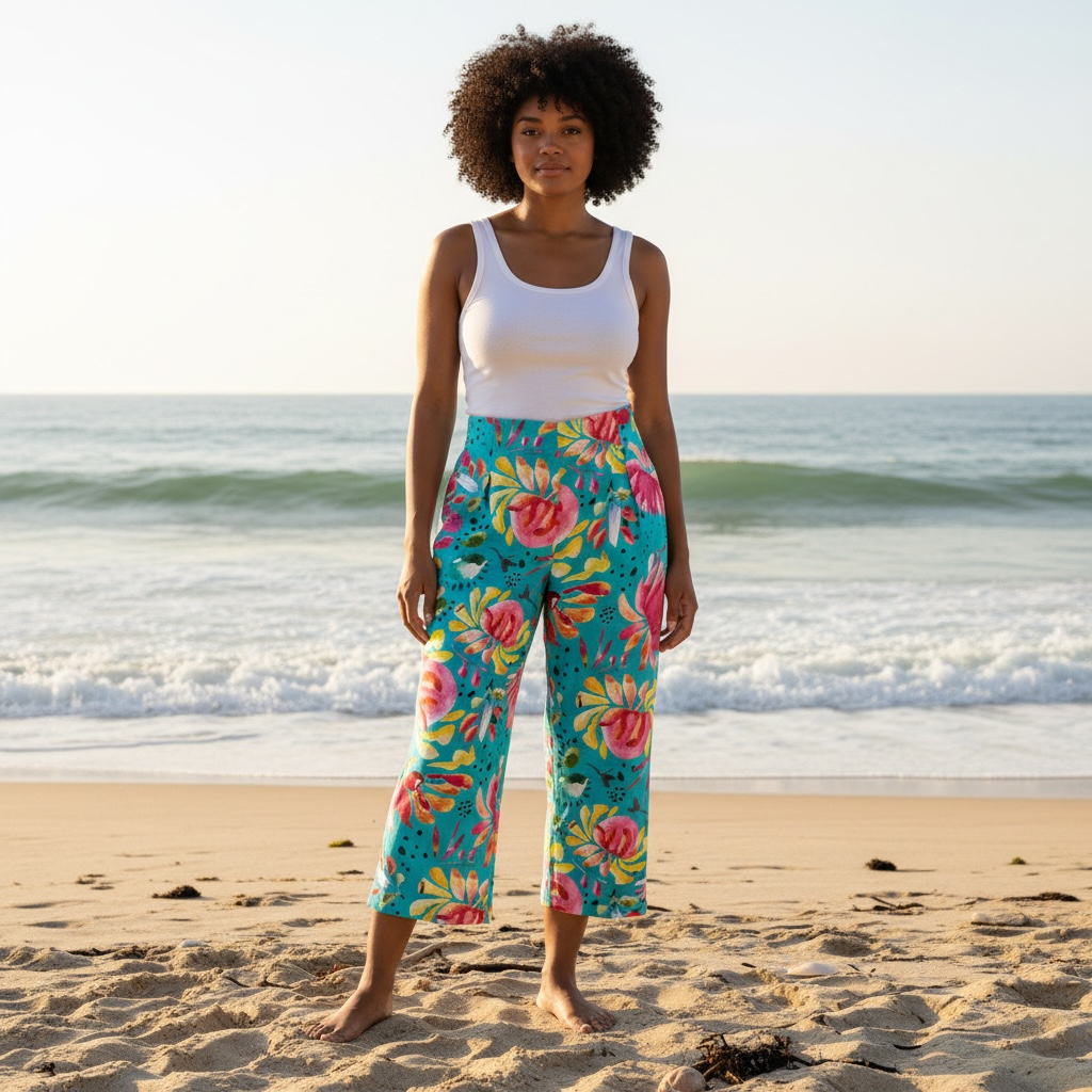 Linen Culotte in Sprinkles in Turquoise