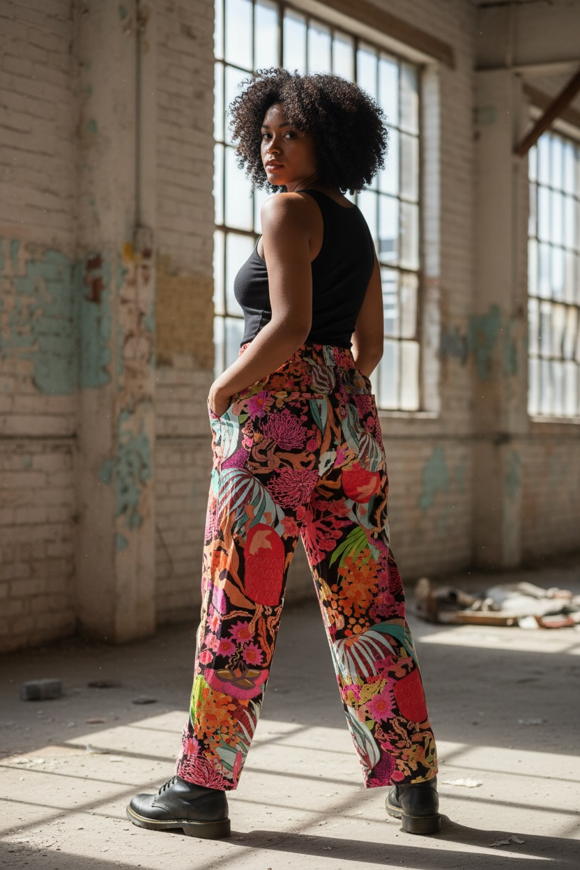 Long linen pants featuring wildflowers on the fabric and back view of pockets.