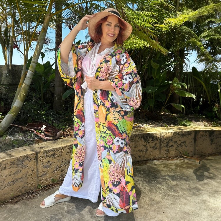Long Kimono in Wildflower Power Navy