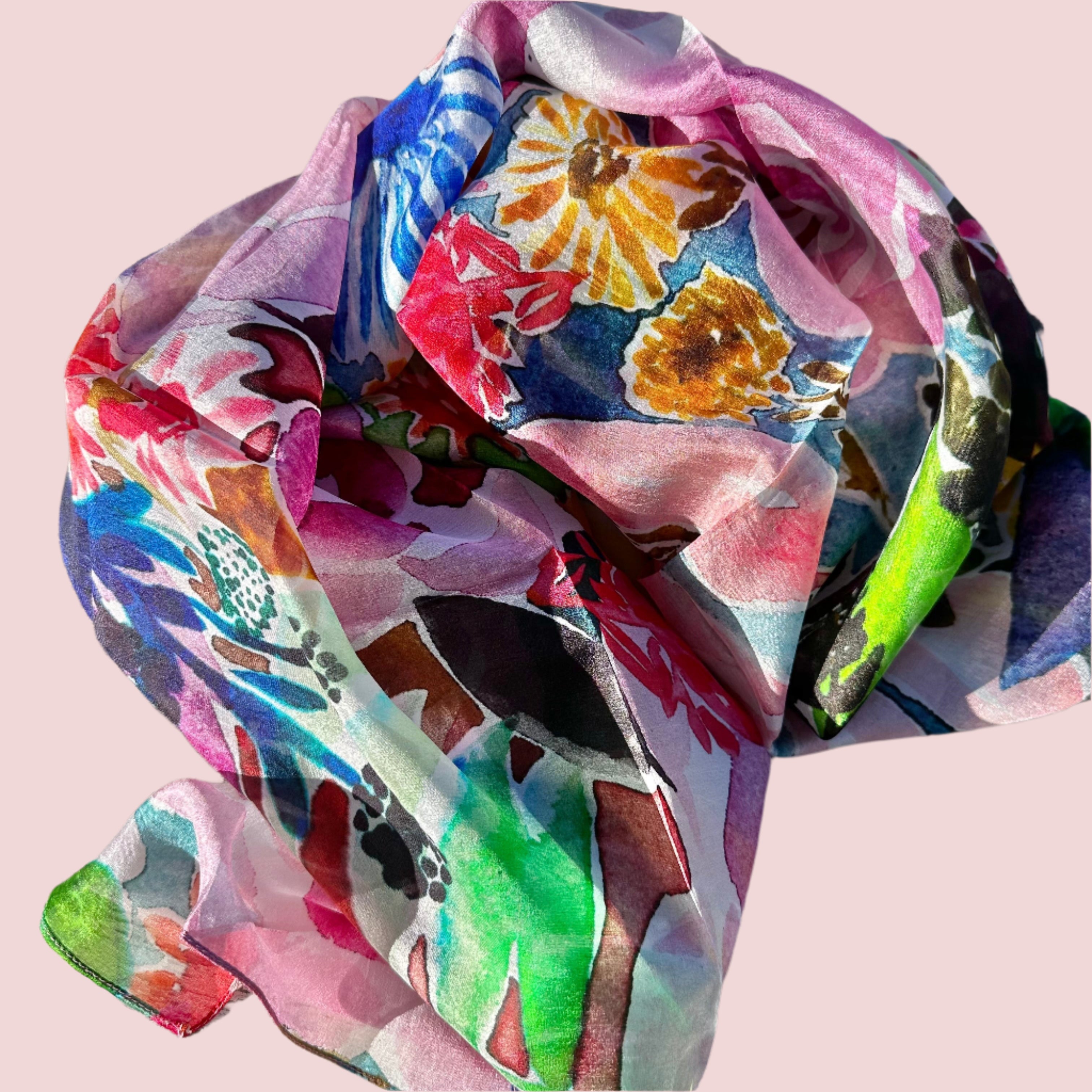 Pure Silk Scarf in Floral Coral - Wearable Art