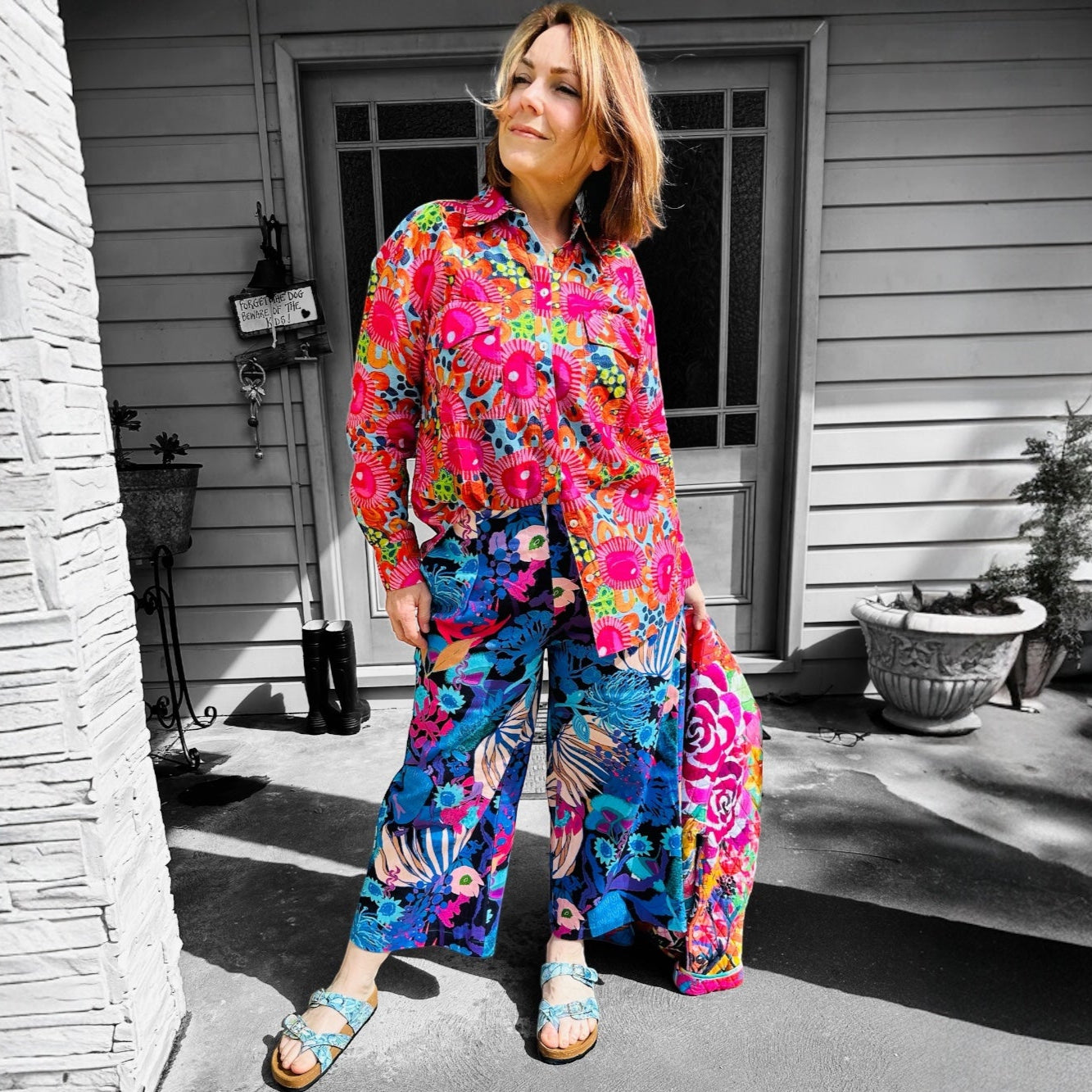 wearable art denim pants in sustainable cotton featuring original artwork by Kerry Munns