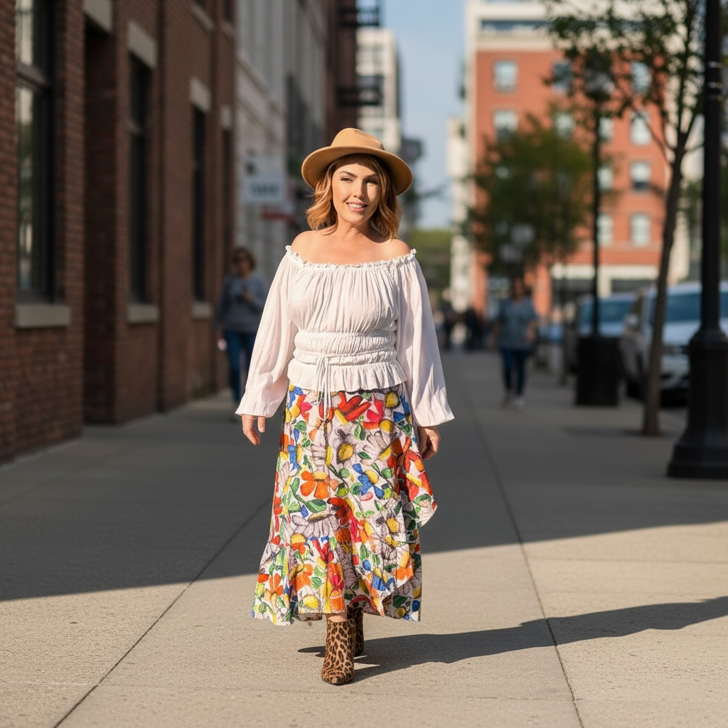 Wrap around skirt in bright painted design by artist Kerry Munns