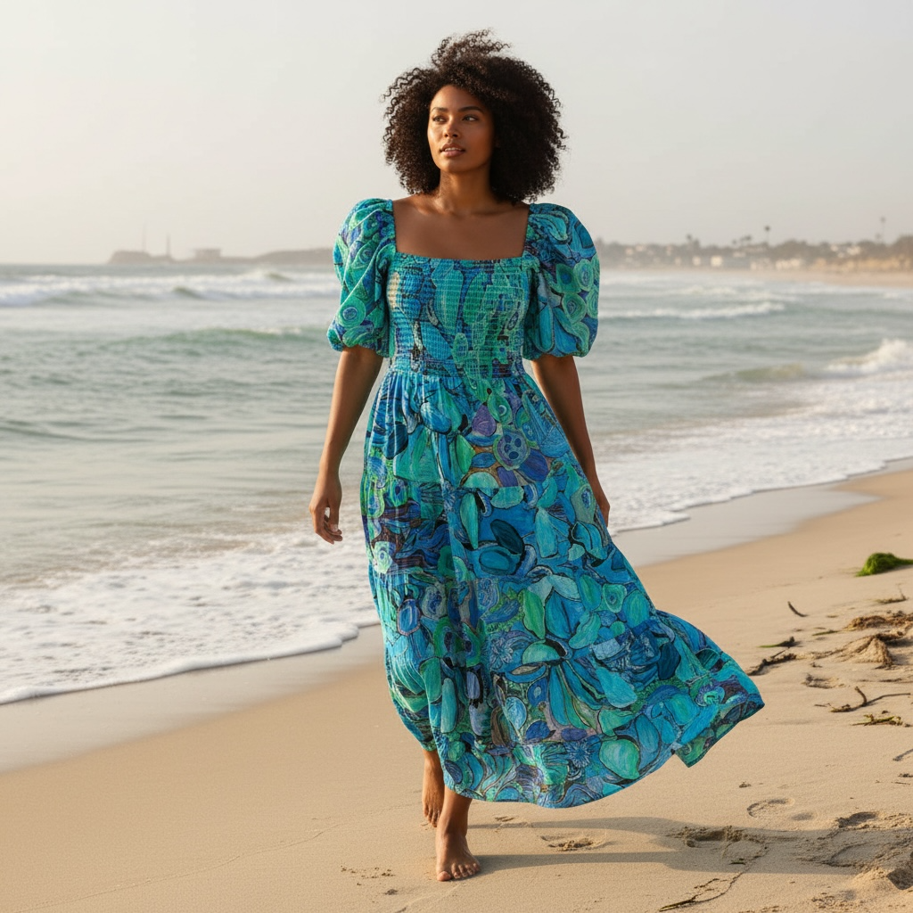 Close-up of the Abby Dress fabric featuring Kerry Munns’ hand-painted artwork transformed into a vibrant repeat design on eco-friendly linen