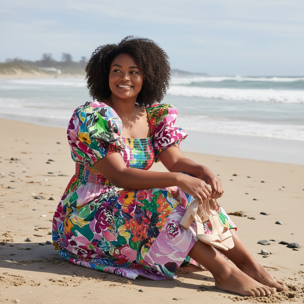 Close-up of the Abby Dress bodice showing the Floral Coral print created from Kerry Munns’ original hand-painted florals