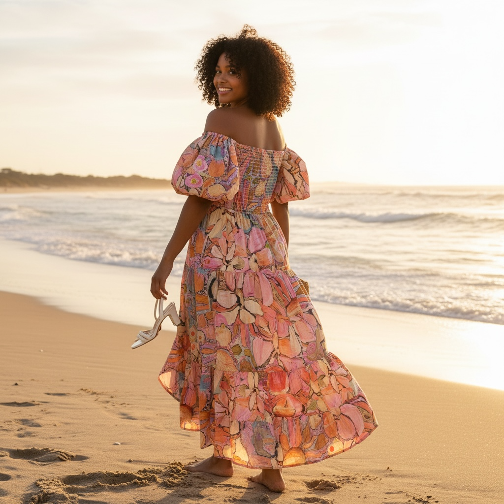 Back view of the Abby Dress in Perfectly Peach showcasing eco-friendly linen and the delicate peach-toned floral artwork by Kerry Munns