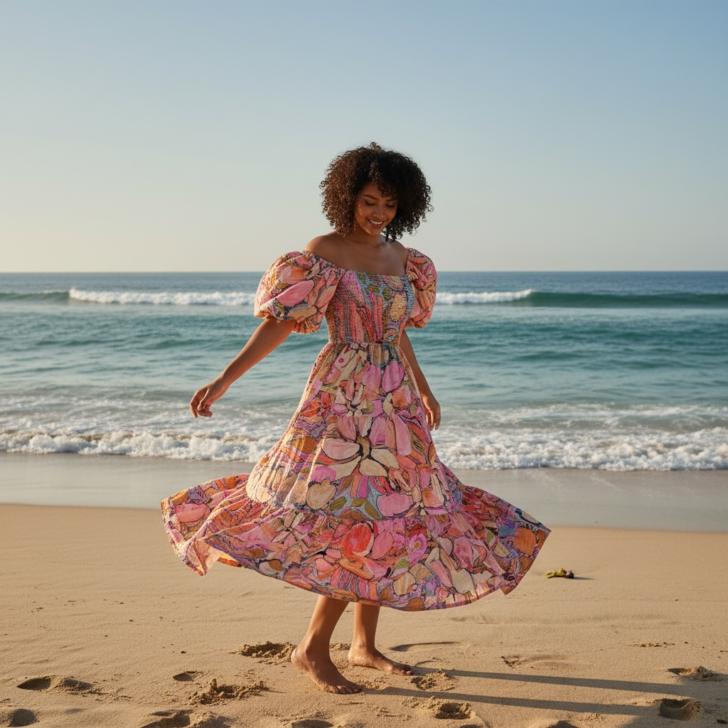 Full-length Abby Dress in Perfectly Peach, featuring an expressive soft-peach floral pattern printed on sustainable linen