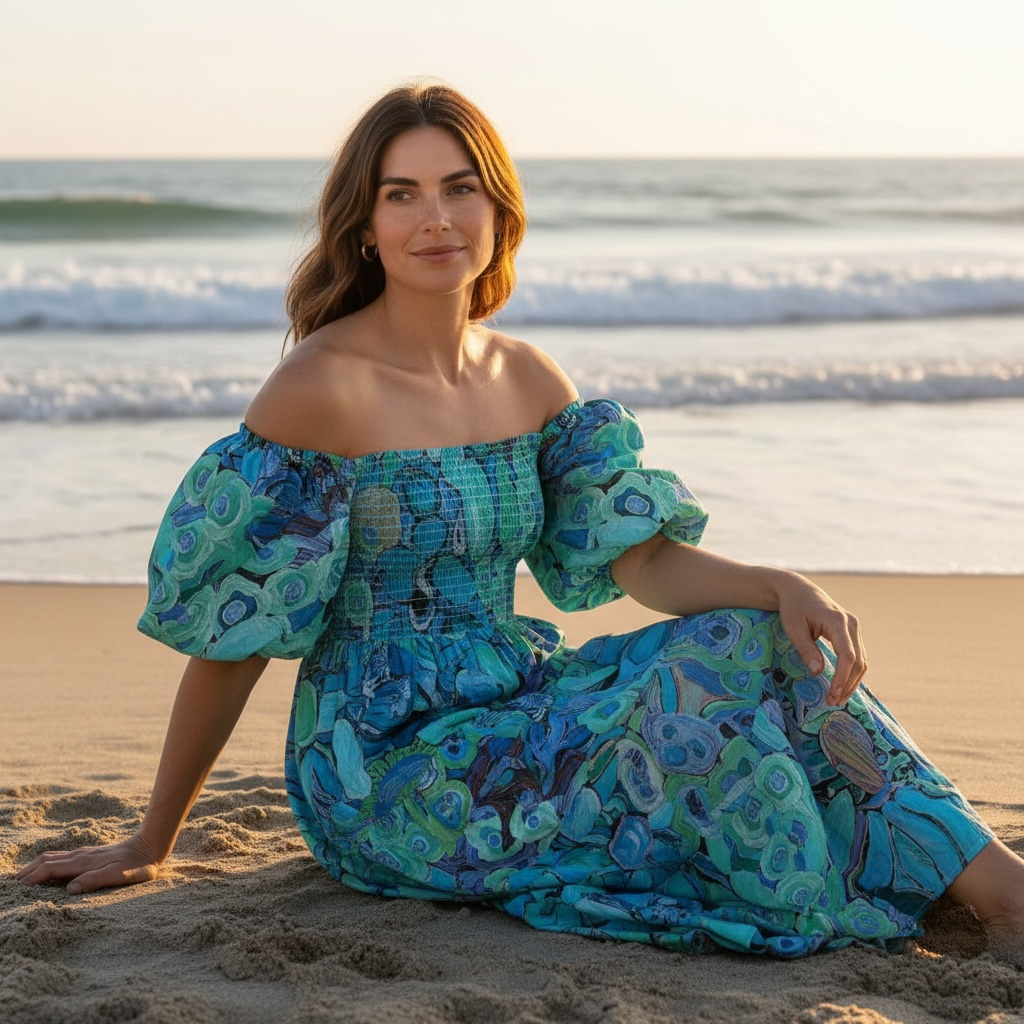 Abby Dress by Kerry Munns Artlife – wearable art cotton dress featuring original hand-painted design, sustainable women’s fashion with a relaxed feminine silhouette