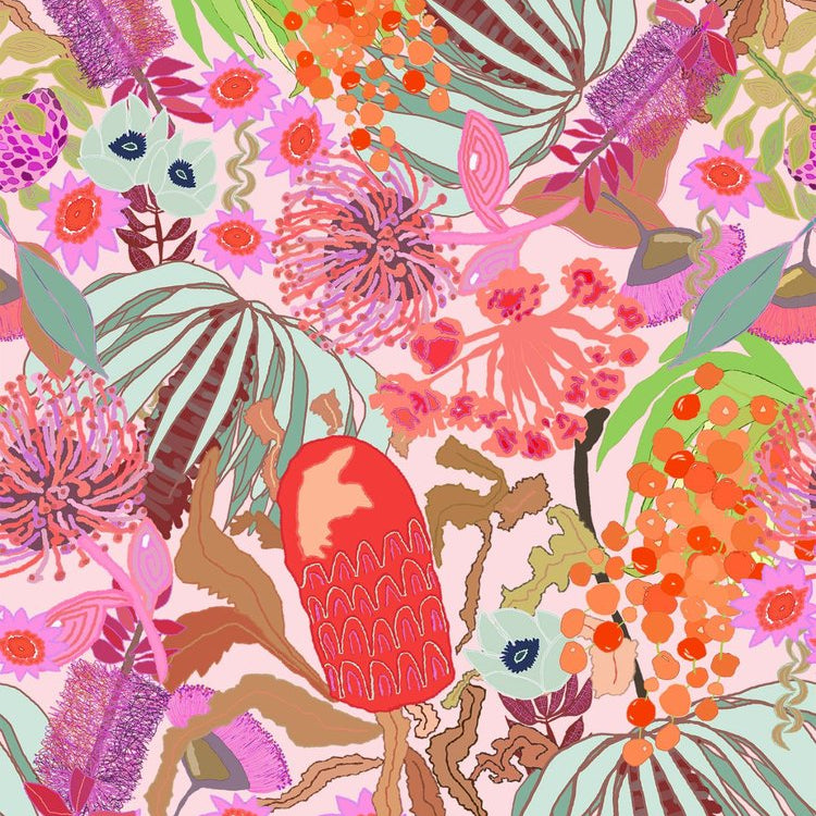 Abstract cotton fabric featuring Kerry Munns’ expressive artwork – original textile design for wearable art and women’s fashion