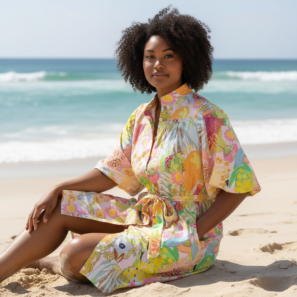 Close-up of the Amber Dress bodice showing the intricate print created from original artwork by Kerry Munns on premium cotton