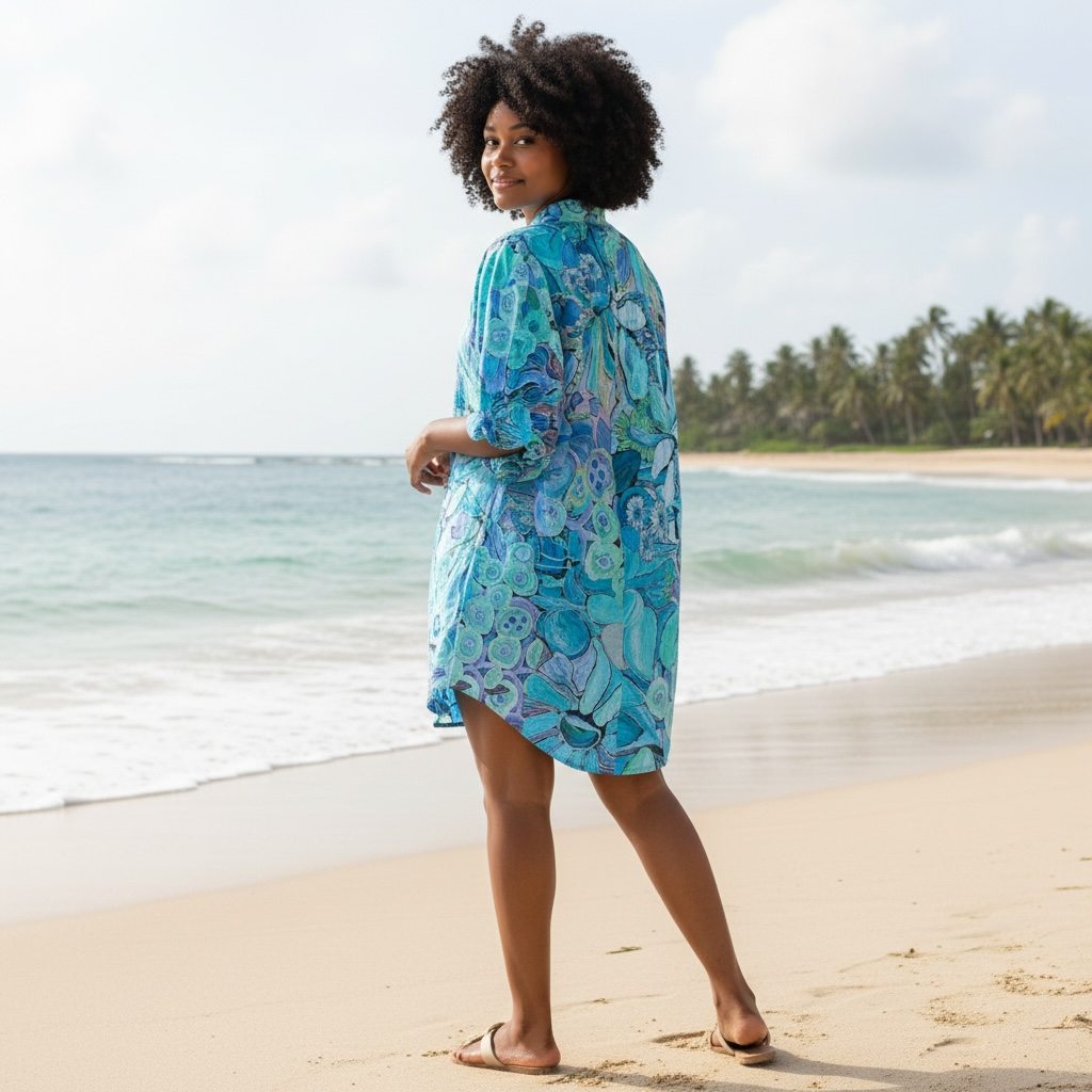 Back view of the Amber Dress in Perfectly Turquoise showing the soft cotton drape and expressive turquoise floral print