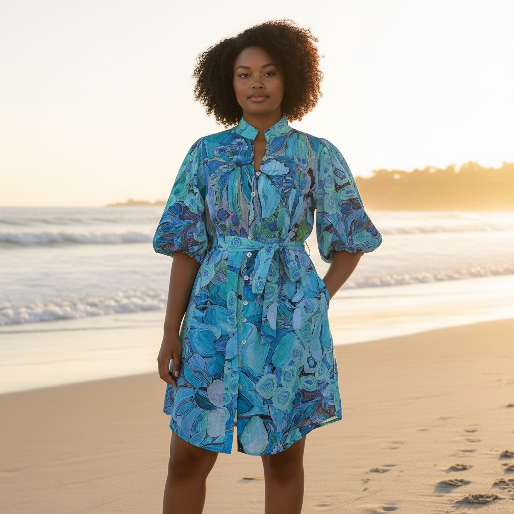Amber Dress in Perfectly Turquoise — vibrant cotton wearable art dress featuring turquoise florals from Kerry Munns’ original artwork