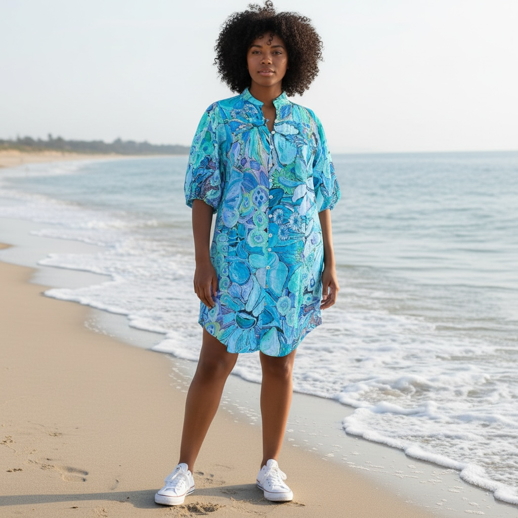 Full-length Amber Dress in Perfectly Turquoise photographed outdoors showcasing breathable cotton and bright turquoise florals