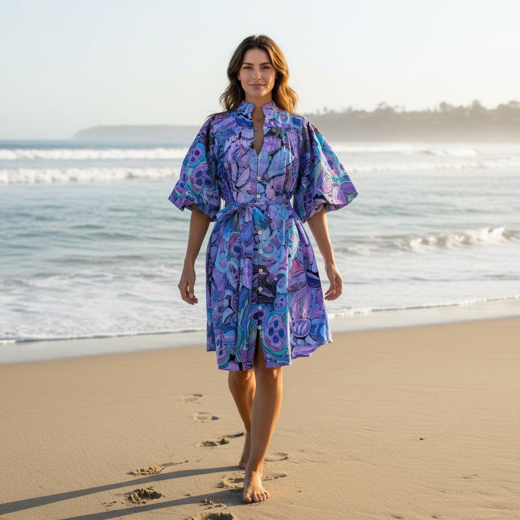 Amber Dress in Perfectly Violet — breathable cotton wearable art dress featuring soft violet florals created from Kerry Munns’ original artwork