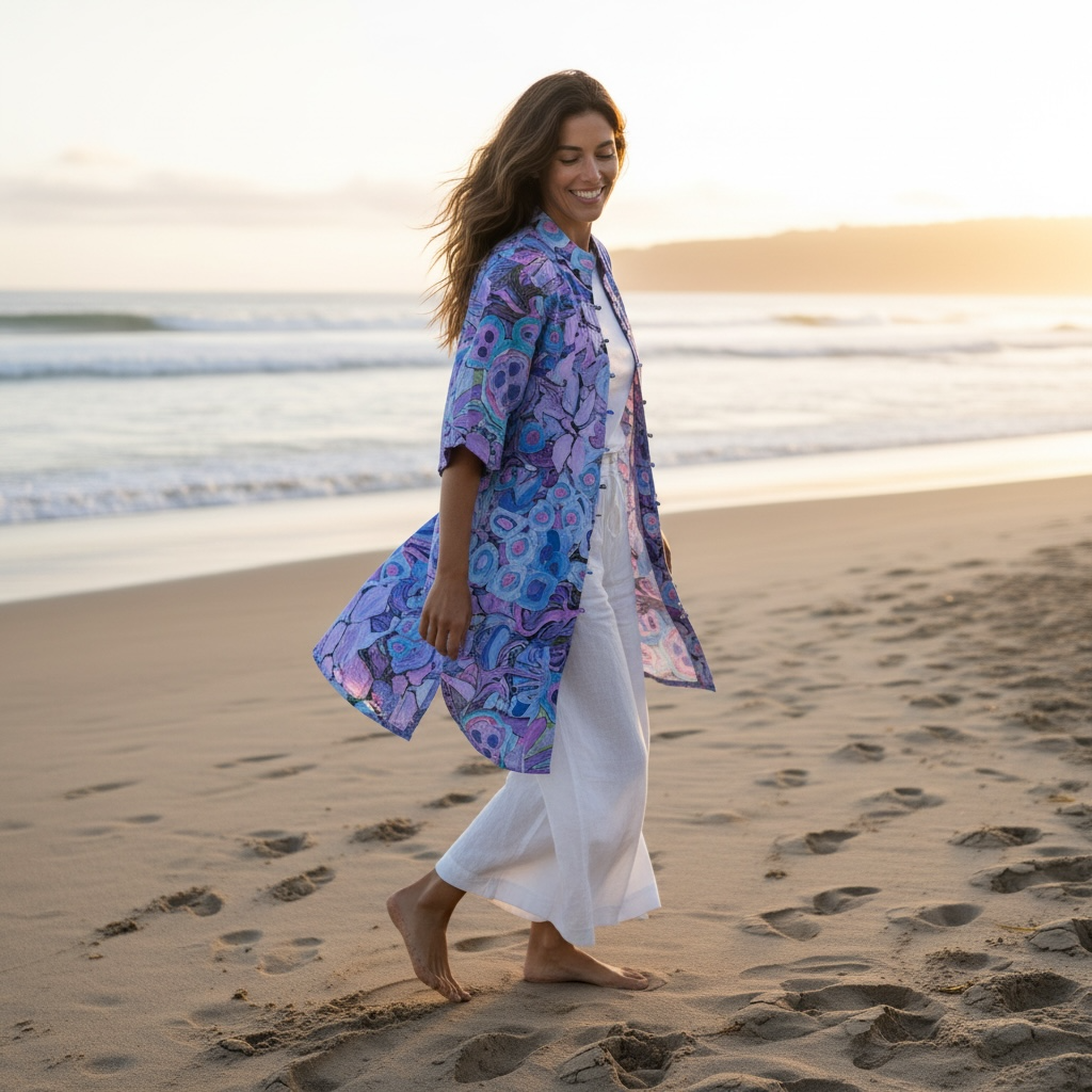 Side angle of the Amber Dress in Perfectly Violet highlighting its flattering shape and hand-painted violet flower artwork