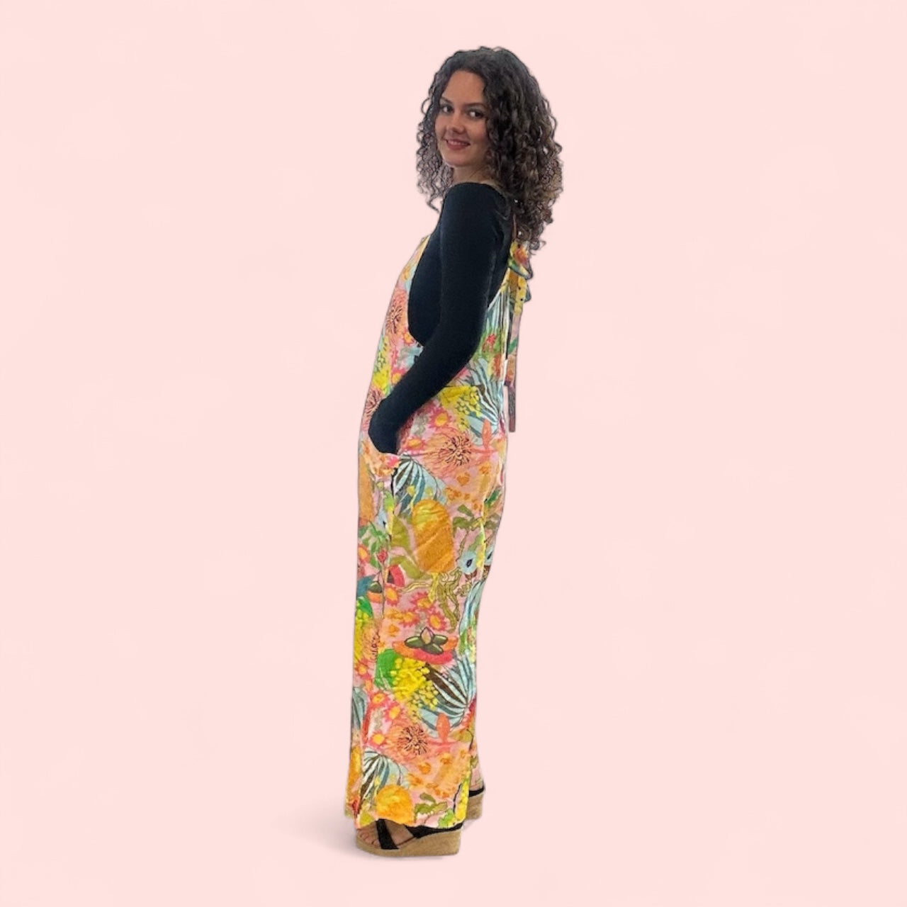 Wearable art jumpsuit in an intuitive expressionist style, designed for bold women's fashion.