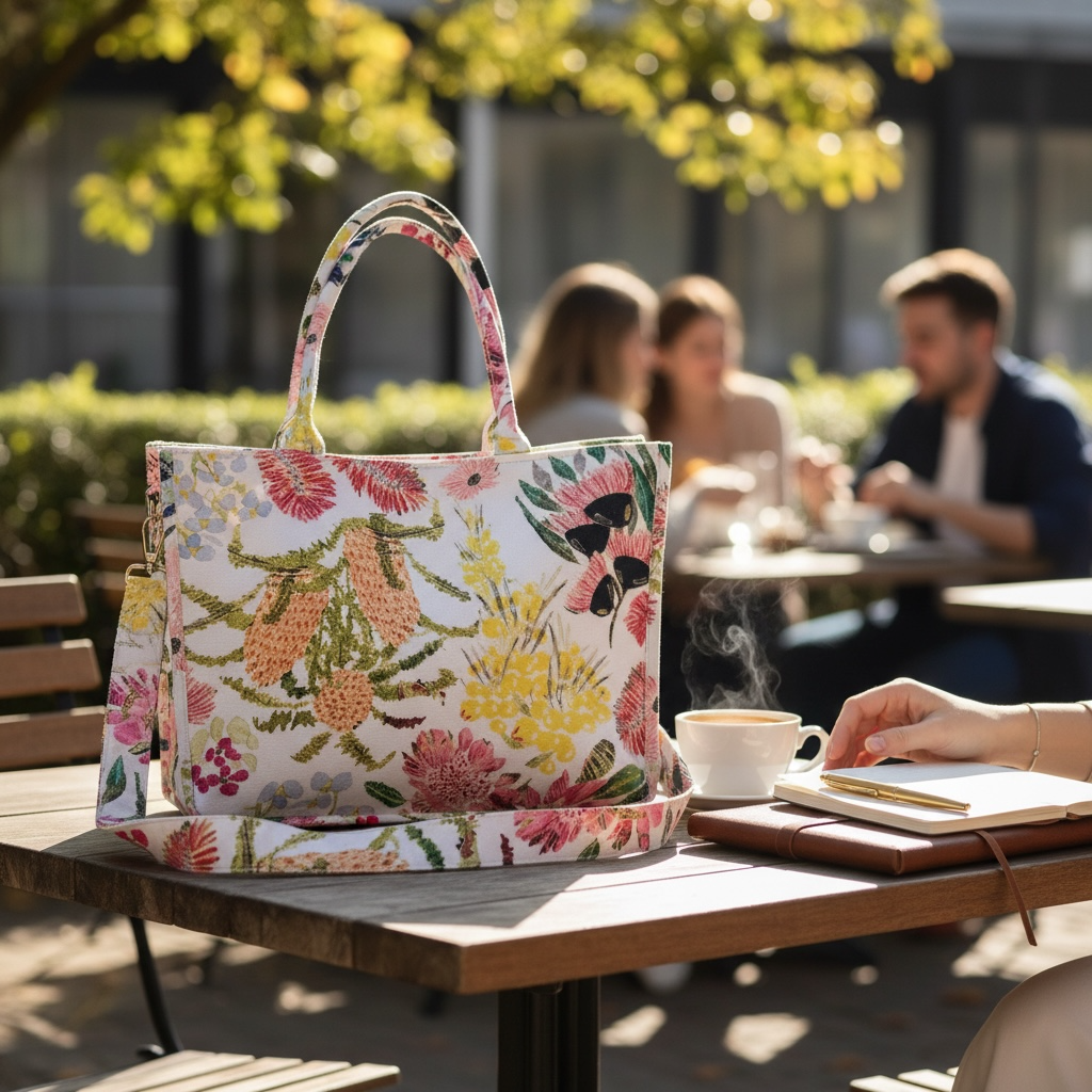 Artist designed botanical print tote handbag inspired by Australian wildflowers and wearable art