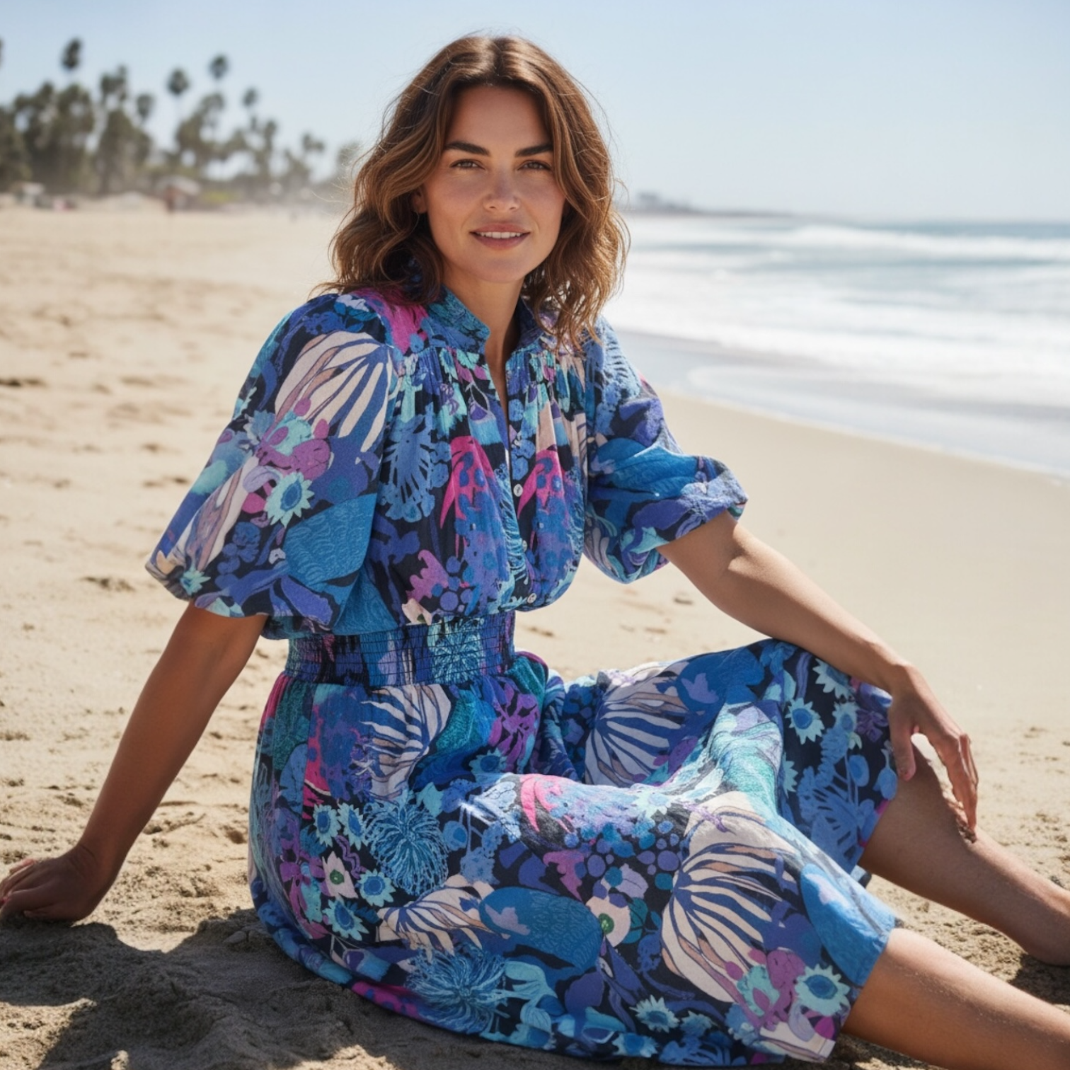 Woman in artwork design blue floral skirt and top sitting on a sandy beach with ocean and sky in the background