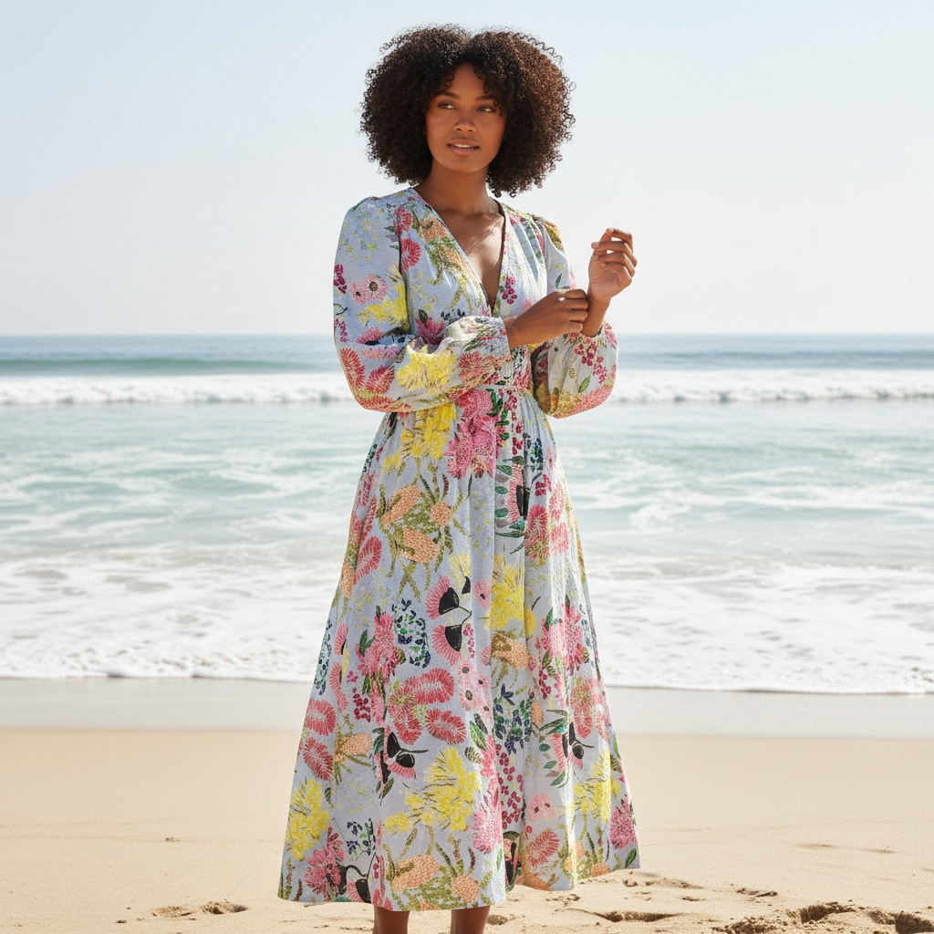 Full-length Bianca Dress in Wildflowers Spring Fling Storm showing vivid spring florals with stormy undertones printed on eco-conscious cotton