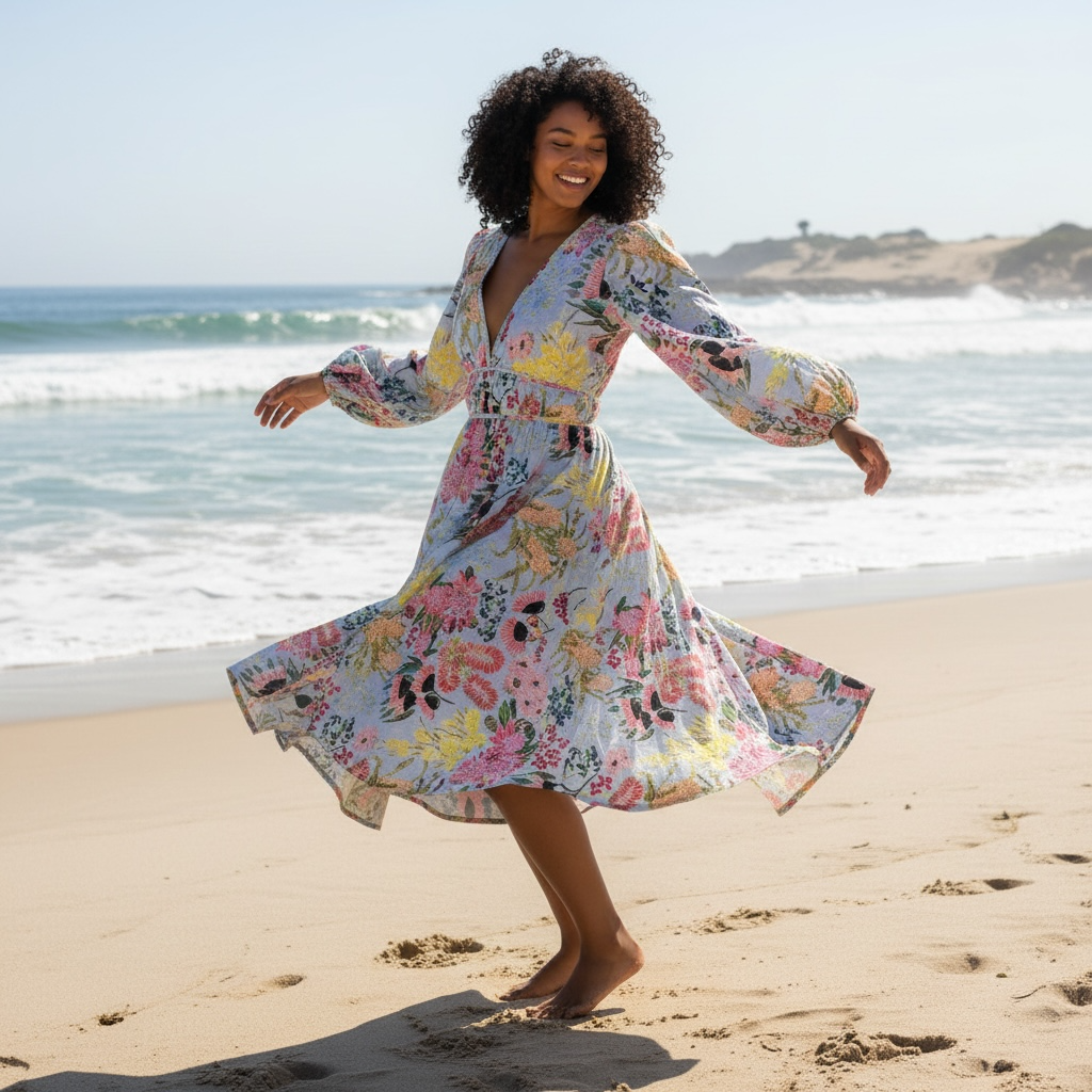 Bianca Dress in Wildflowers Spring Fling Storm captured in movement showcasing the flowy cotton and dynamic floral artwork