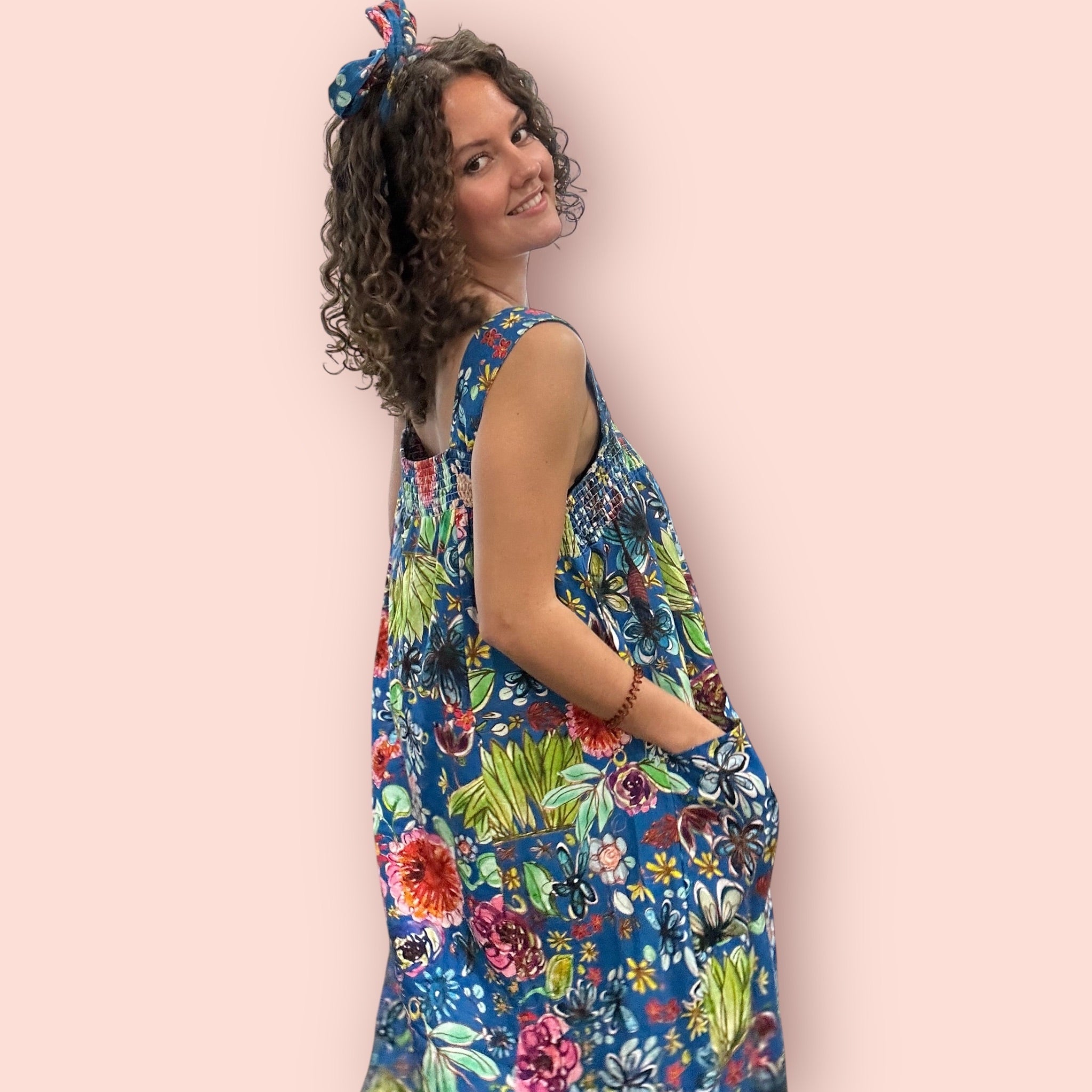 Blue and green Earth-toned curvy linen shift dress with intuitive art print by Kerry Munns