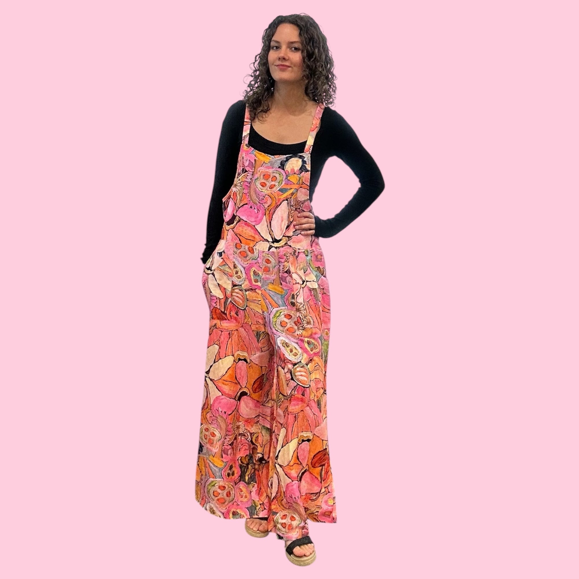 Boho-style painted jumpsuit with intuitive expressionist art, a bold women's fashion statement, Front