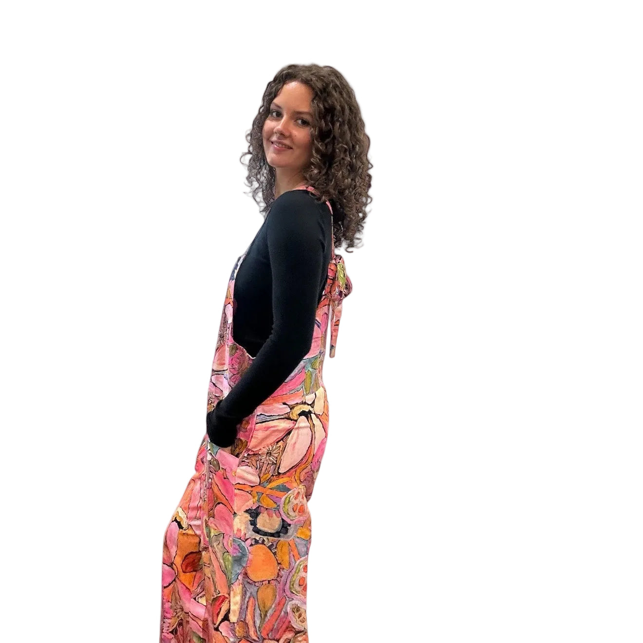Boho-style painted jumpsuit with intuitive expressionist art, a bold women's fashion statement side view