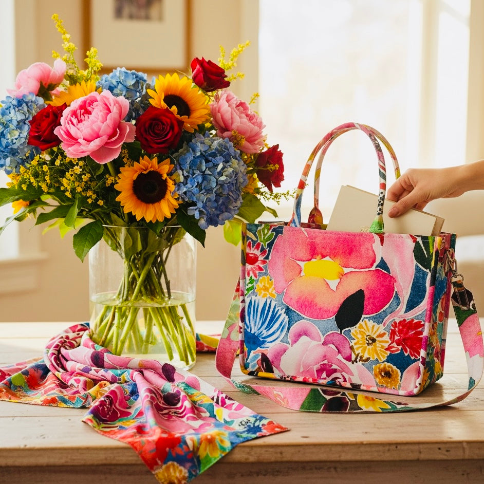 Bright pink floral wearable art handbag featuring colourful blooms and artistic floral designs