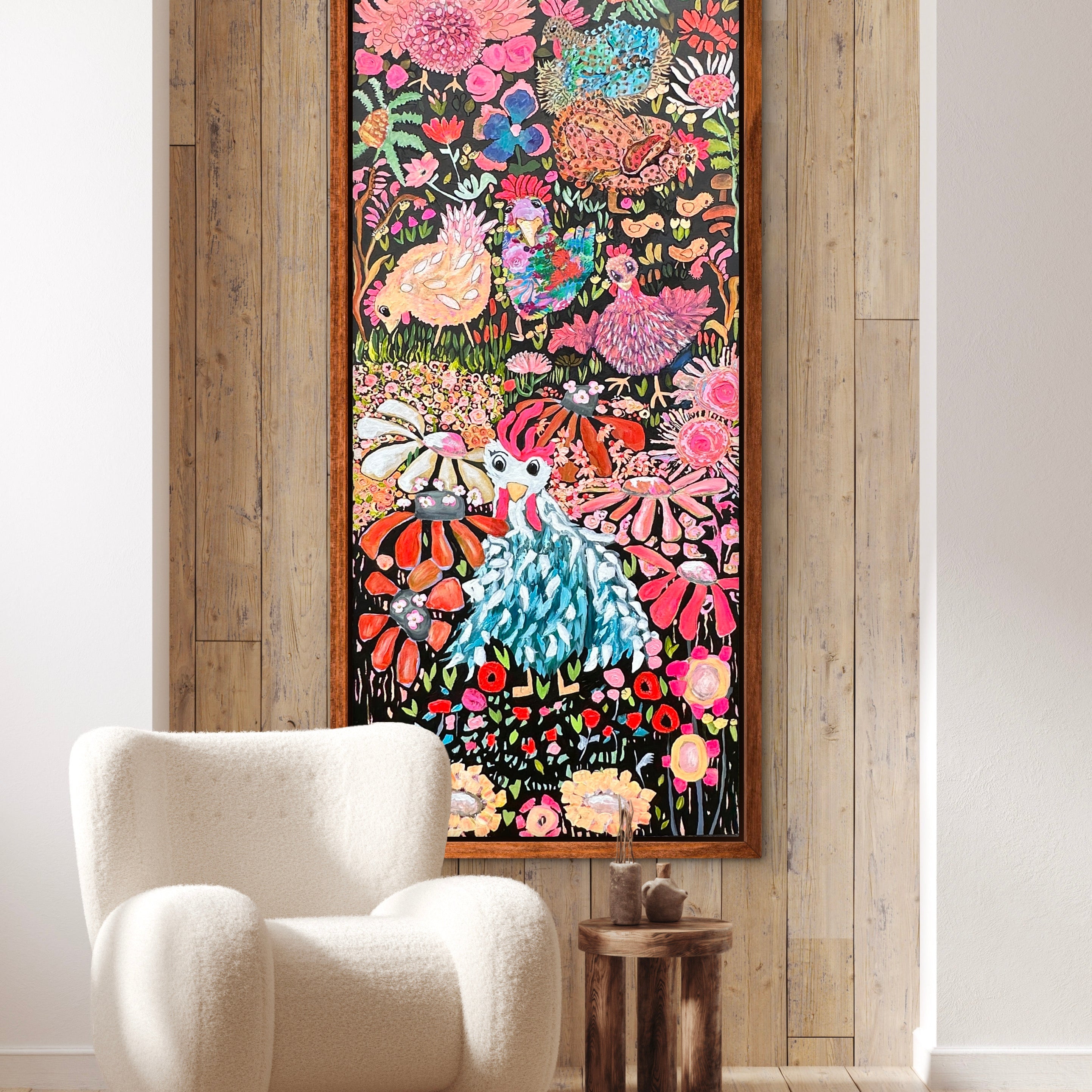 Chickens Gone Wild mixed media painting by Kerry Munns featuring expressive, colourful farmyard hens in abstract art style — original artwork from Australian wearable art designer.
