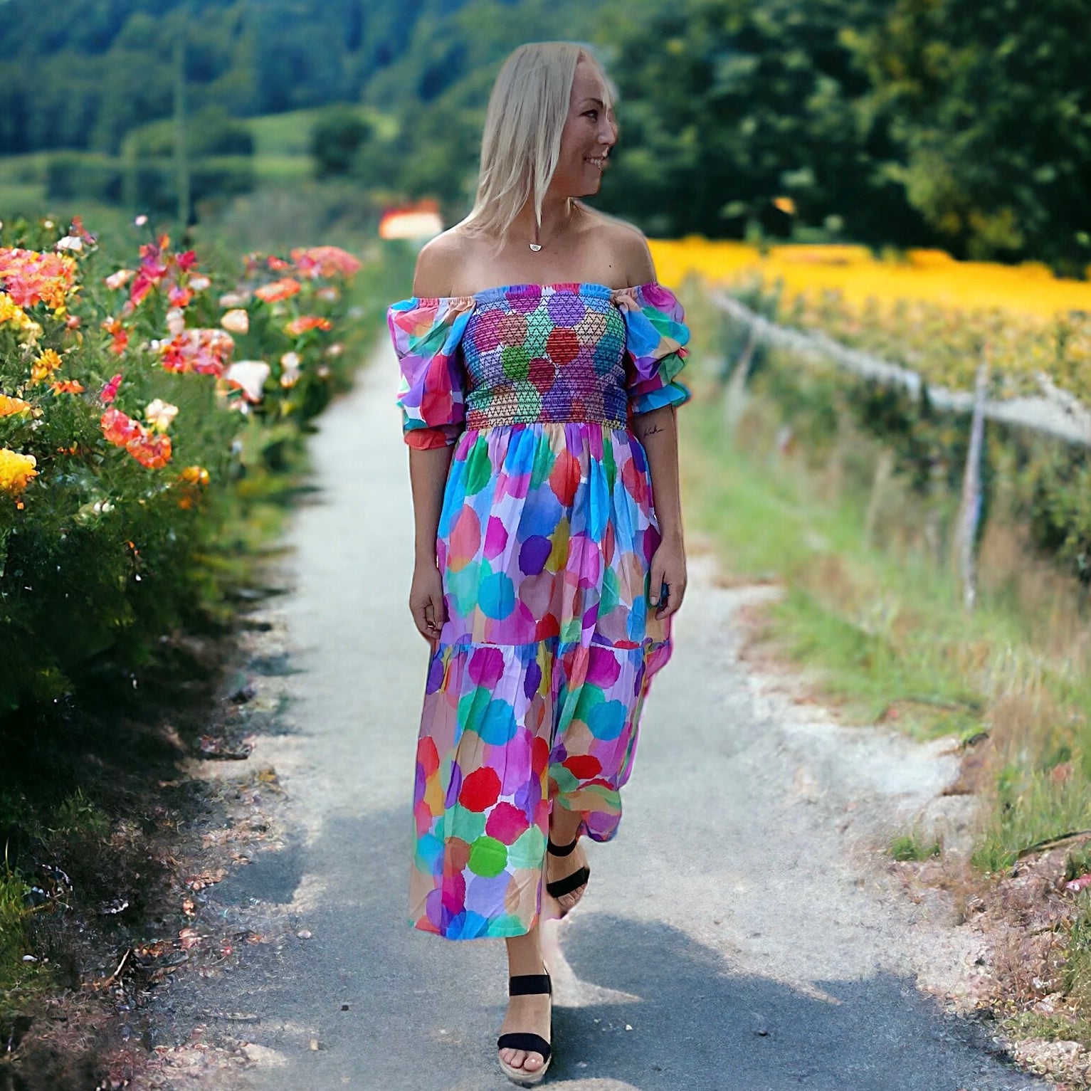 Floral Dress - wearable art Cottage Core in Dotty Pastels