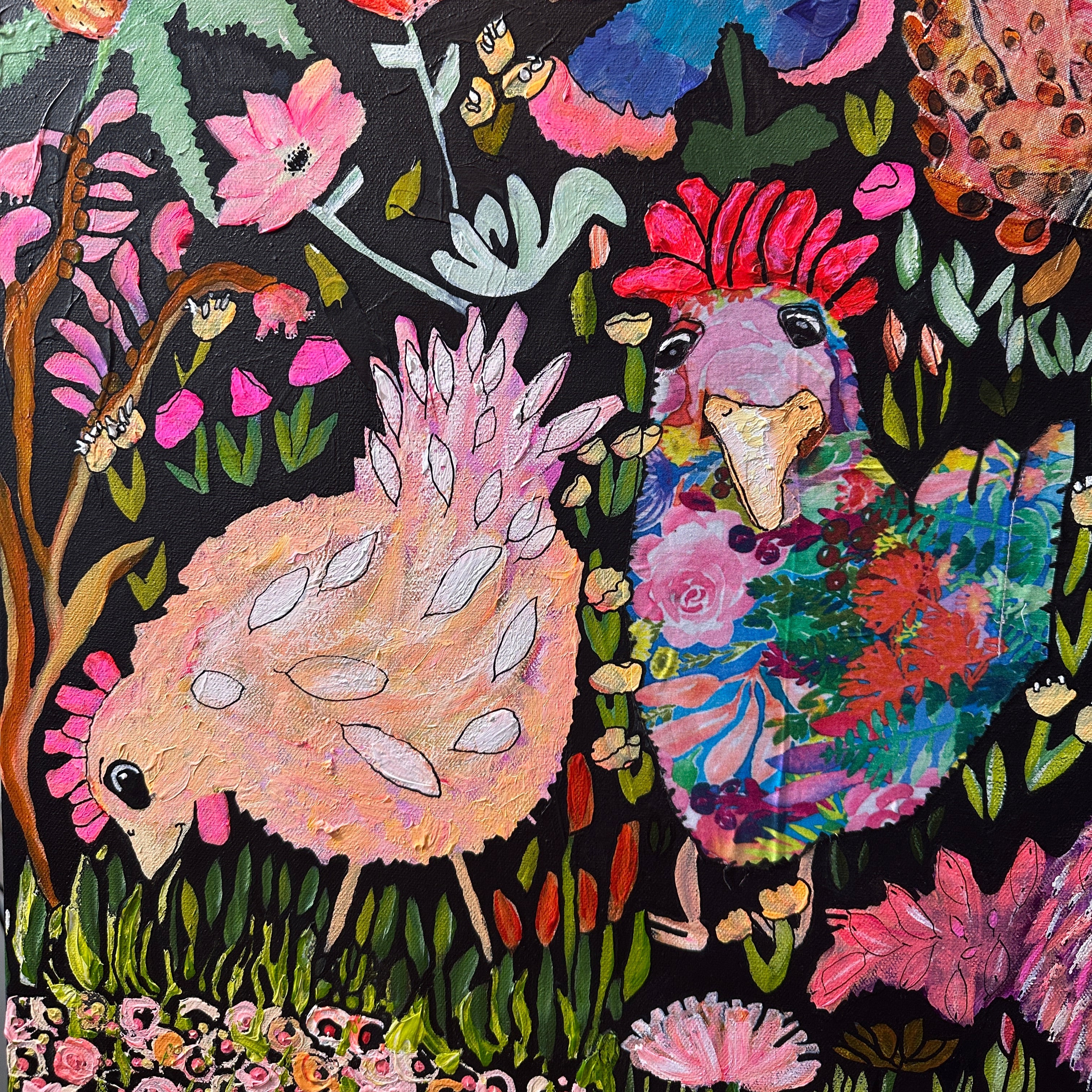 Original mixed media artwork Chickens Gone Wild by Kerry Munns — expressive, vibrant farmyard-inspired art