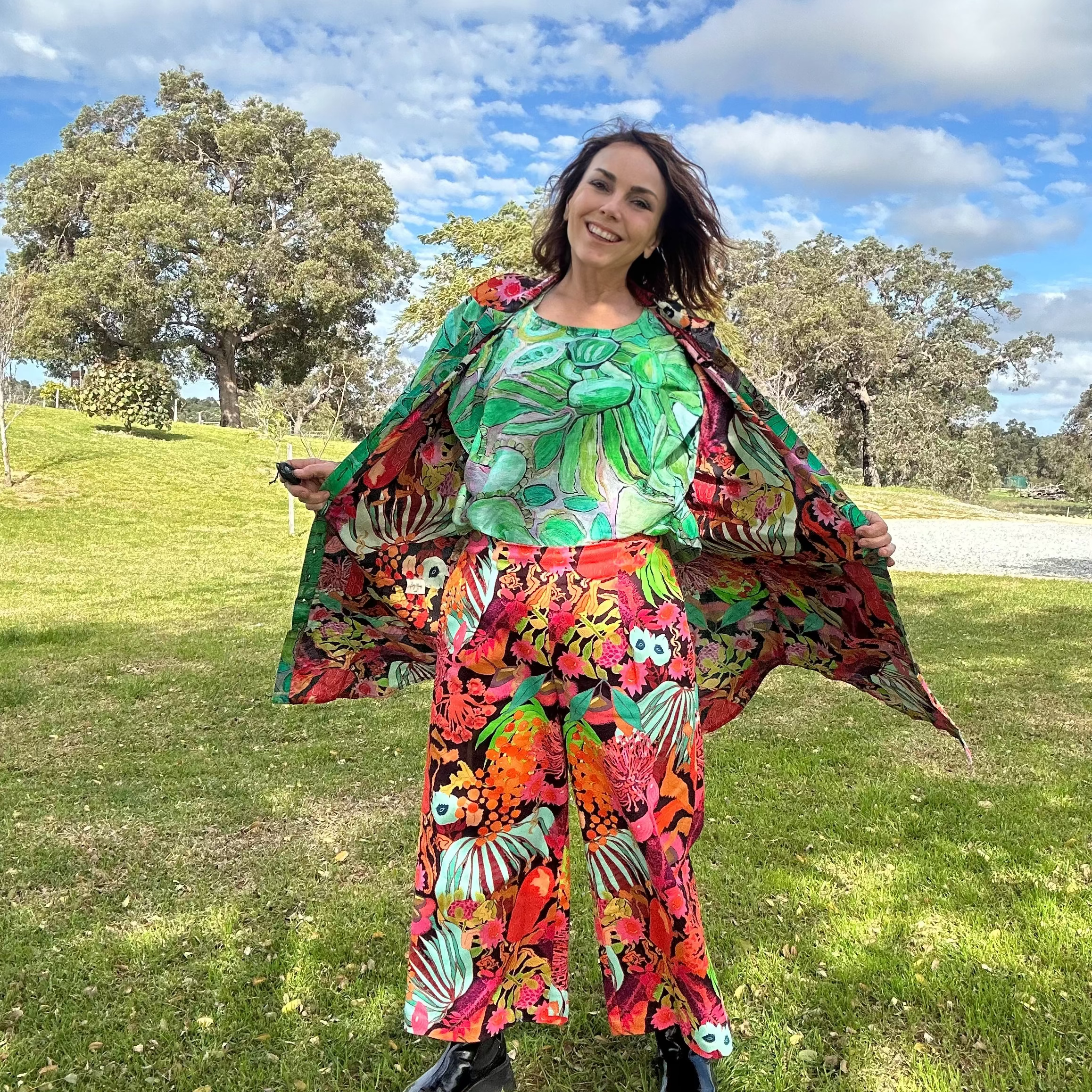 wearable art cotton reversible dress and coat in bright colours by kerry munns