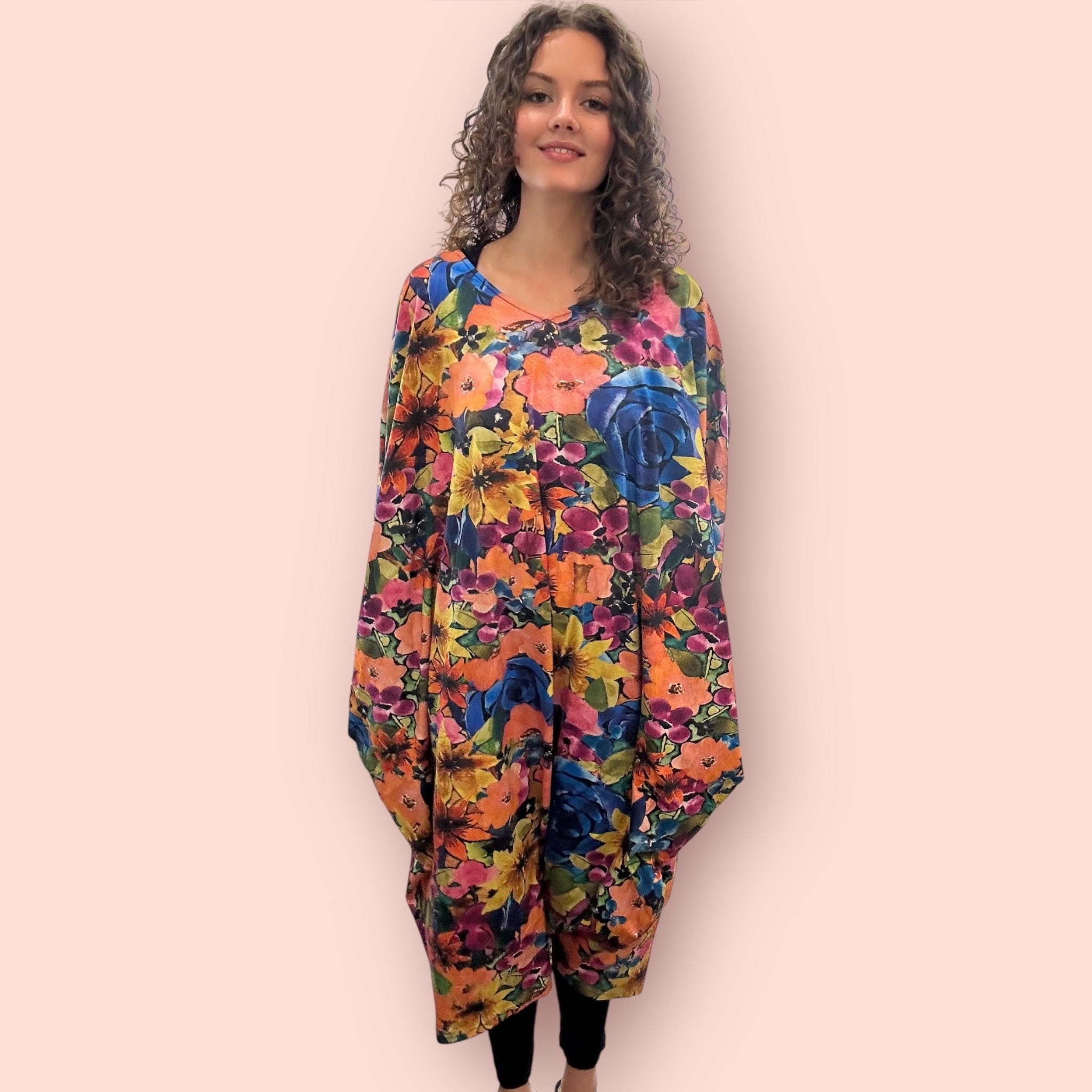 Curve-friendly stretch cotton dress with vibrant art print by Kerry Munns