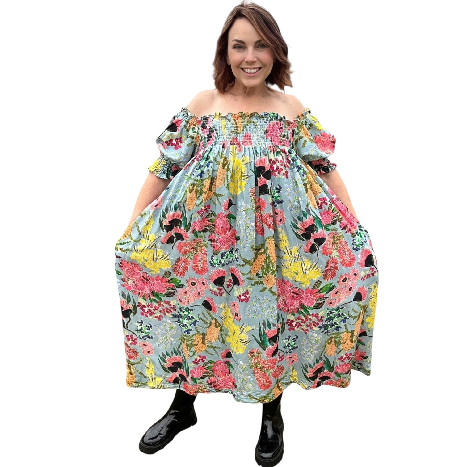 Feminine plus size linen dress with artful swirls and painterly movement
