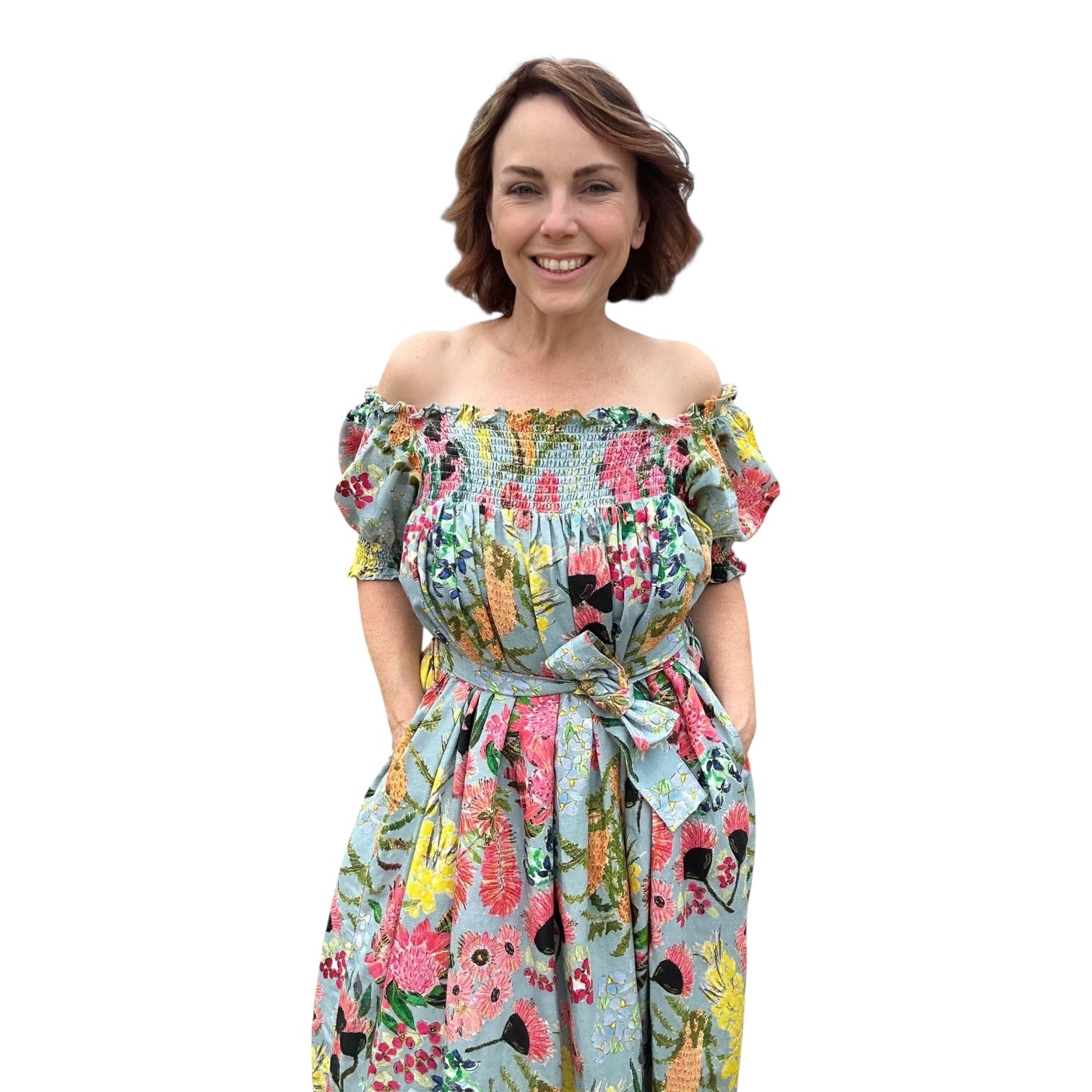 A-line linen dress with hand-painted wearable art for confident plus-size women with belt
