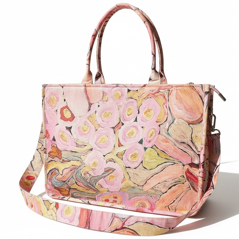 Designer pink wearable art handbag with detachable strap and colourful printed scarf accessory.