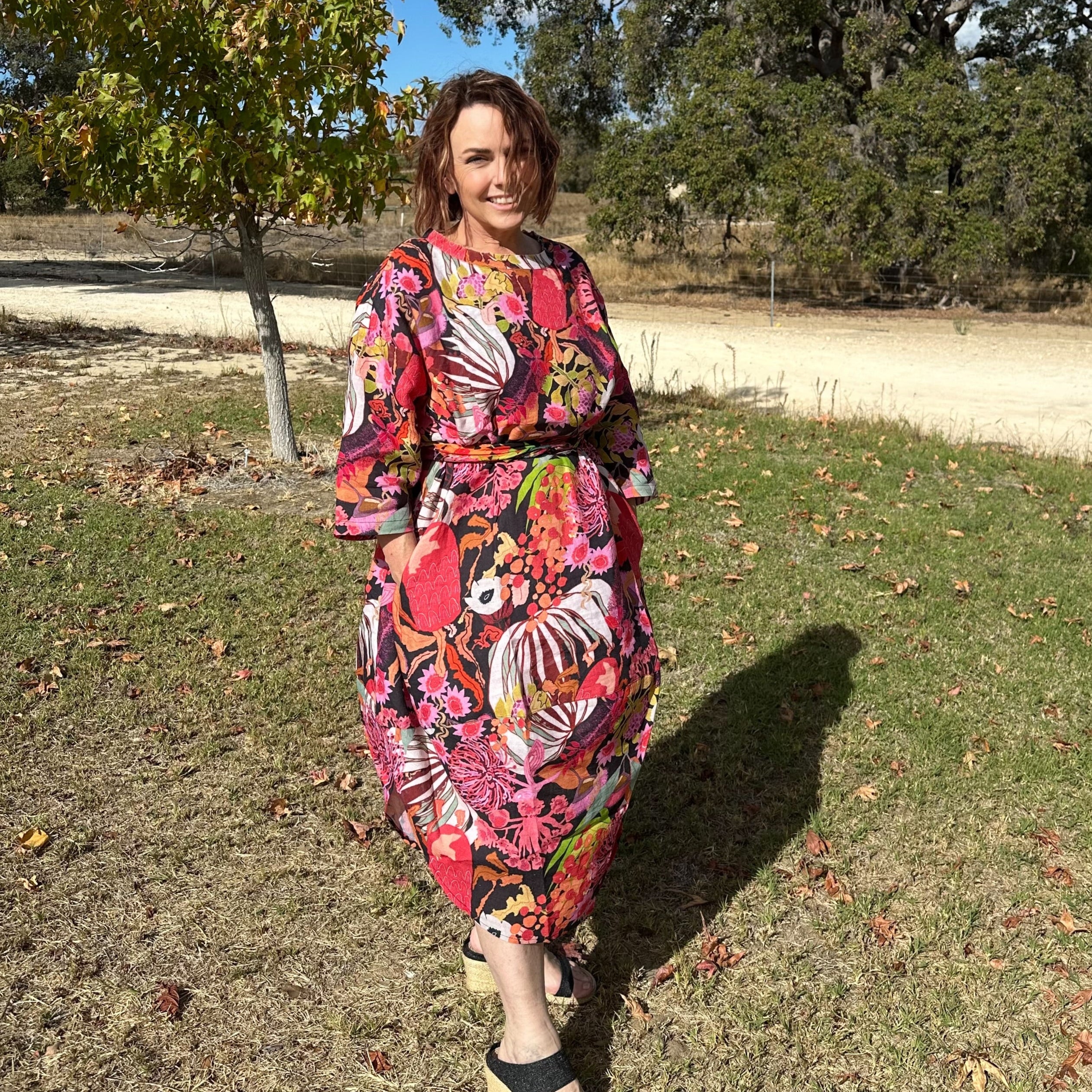 Lyla Linen - Bushfire Cherryripe - Floral Linen Dress