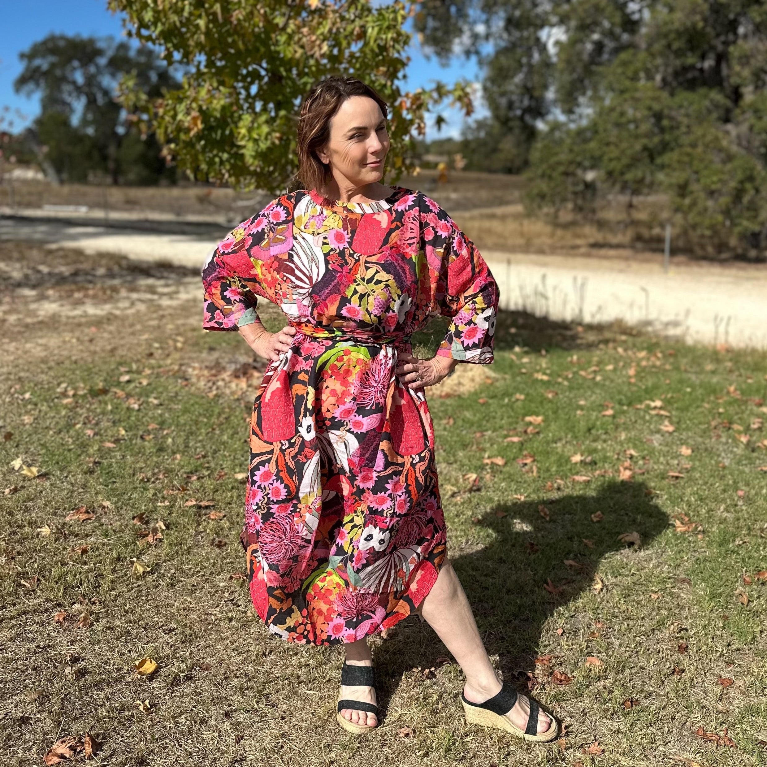 Lyla Linen - Bushfire Cherryripe - Floral Linen Dress