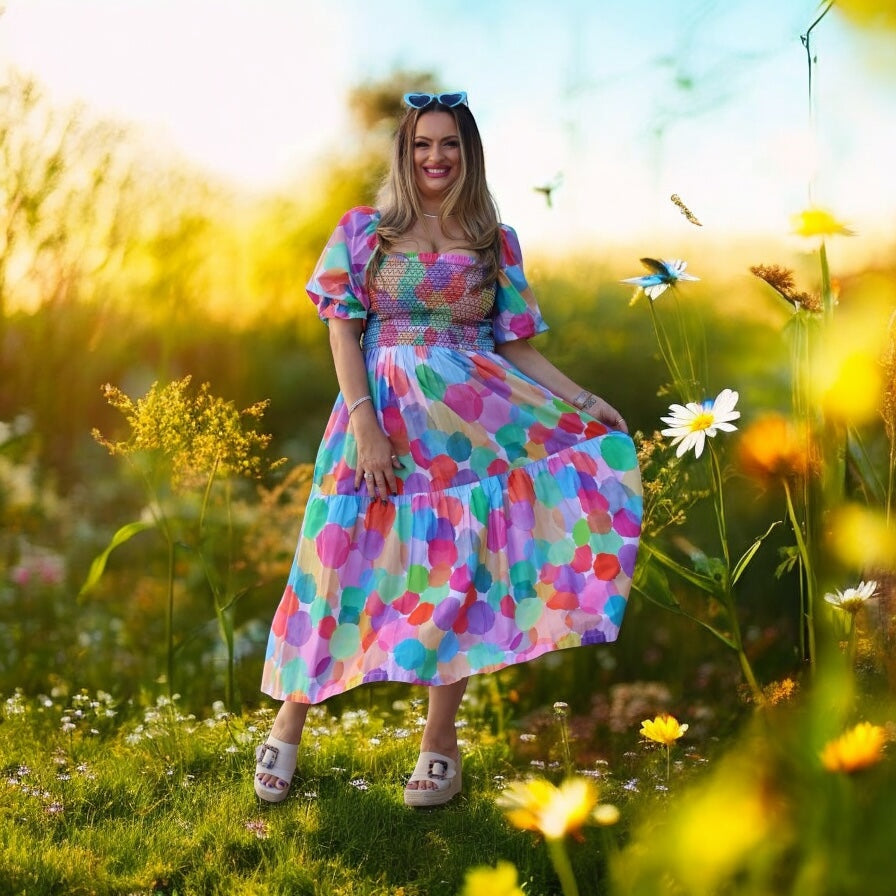 Floral Dress - wearable art Cottage Core in Dotty Pastels