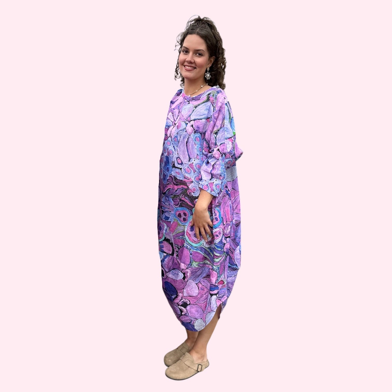 Handmade wearable art dress featuring a vibrant floral fusion, original women’s fashion statement ,Side