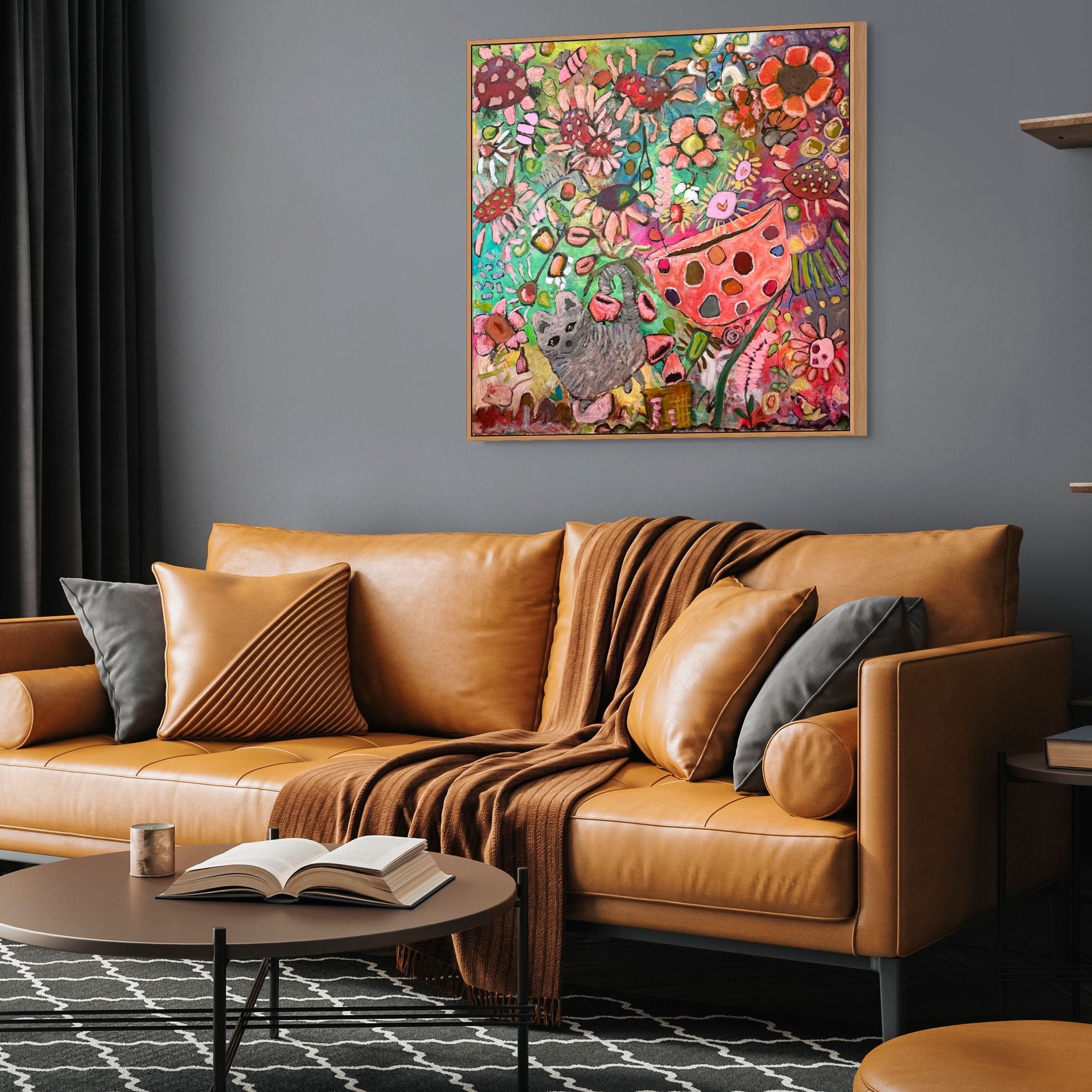 Jardin de Joie original abstract floral painting by Australian artist Kerry Munns featuring whimsical flowers and playful creatures