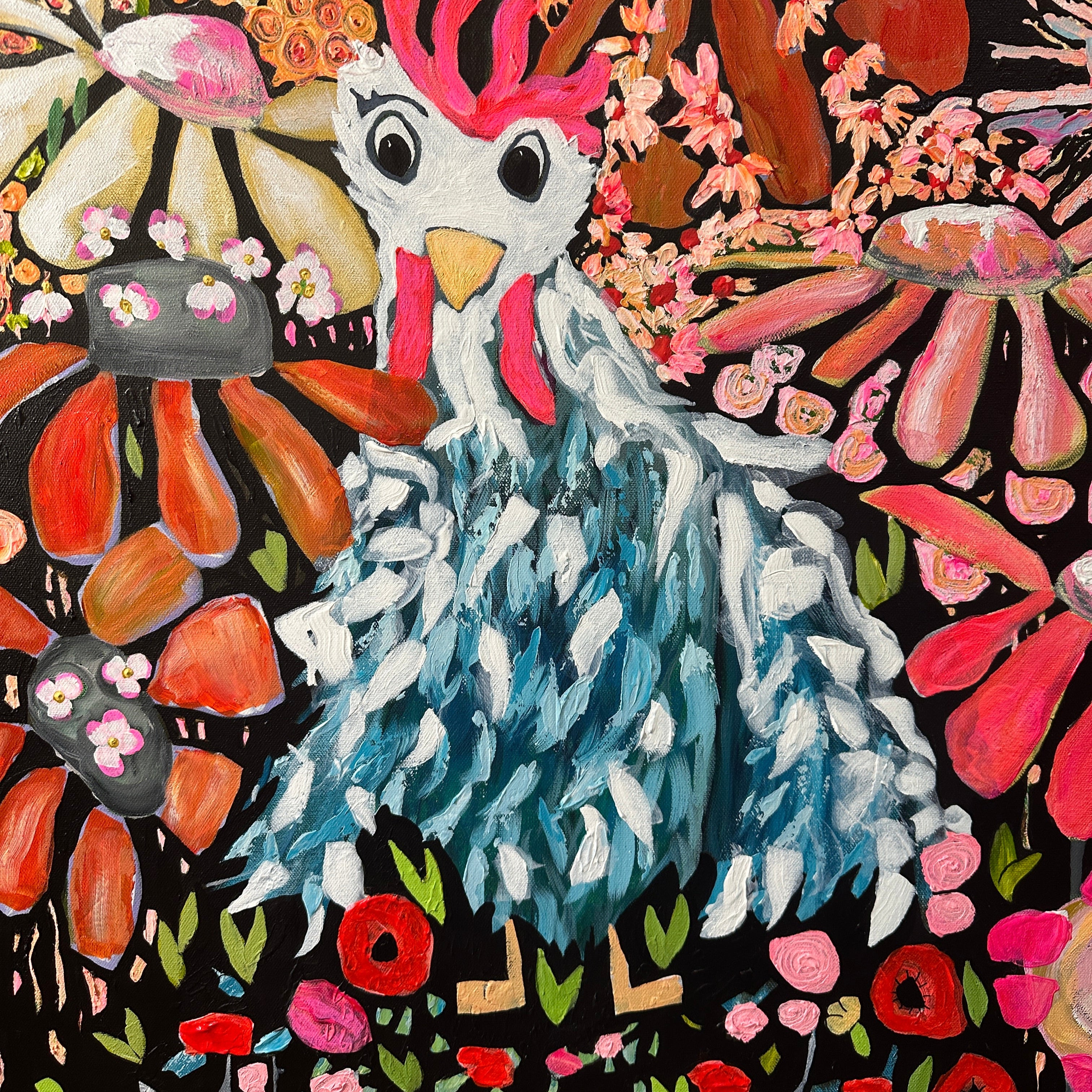 Colorful artwork of a rooster with floral patterns on a black background