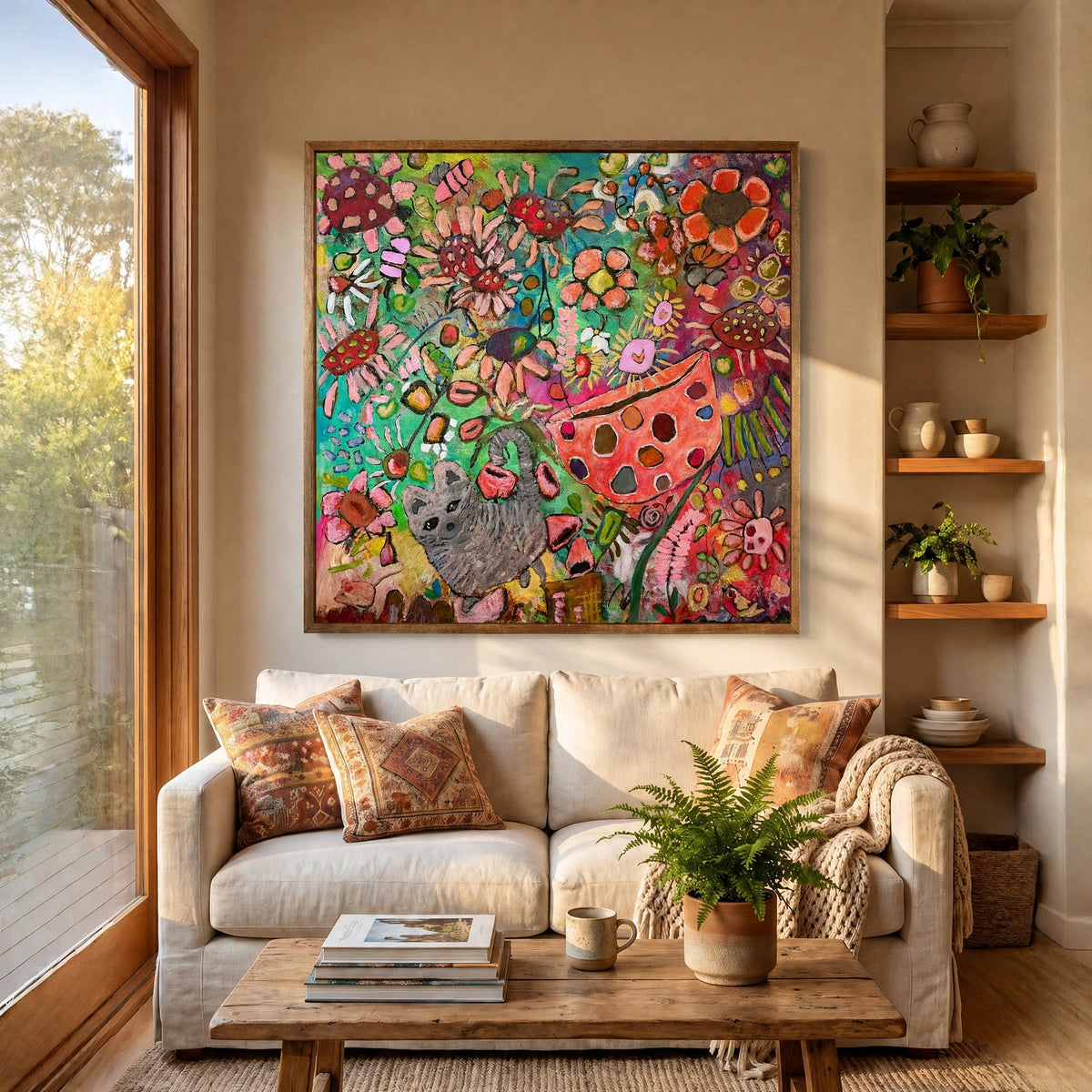 Kerry Munns Artlife Jardin de Joie abstract floral painting with a cat in a hardwood frame above a beige sofa